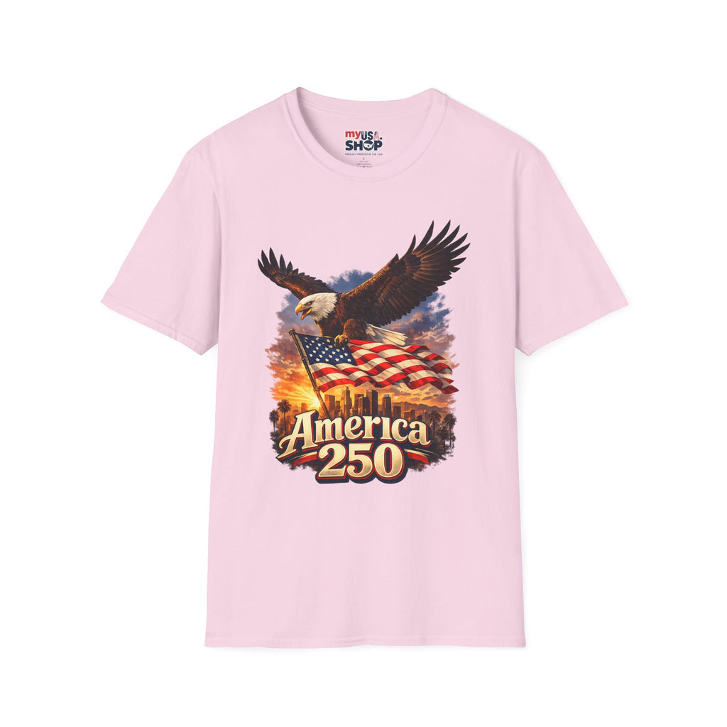 America 250 Los Angeles Eagle Flag Skyline Palms Sunset White California Tee