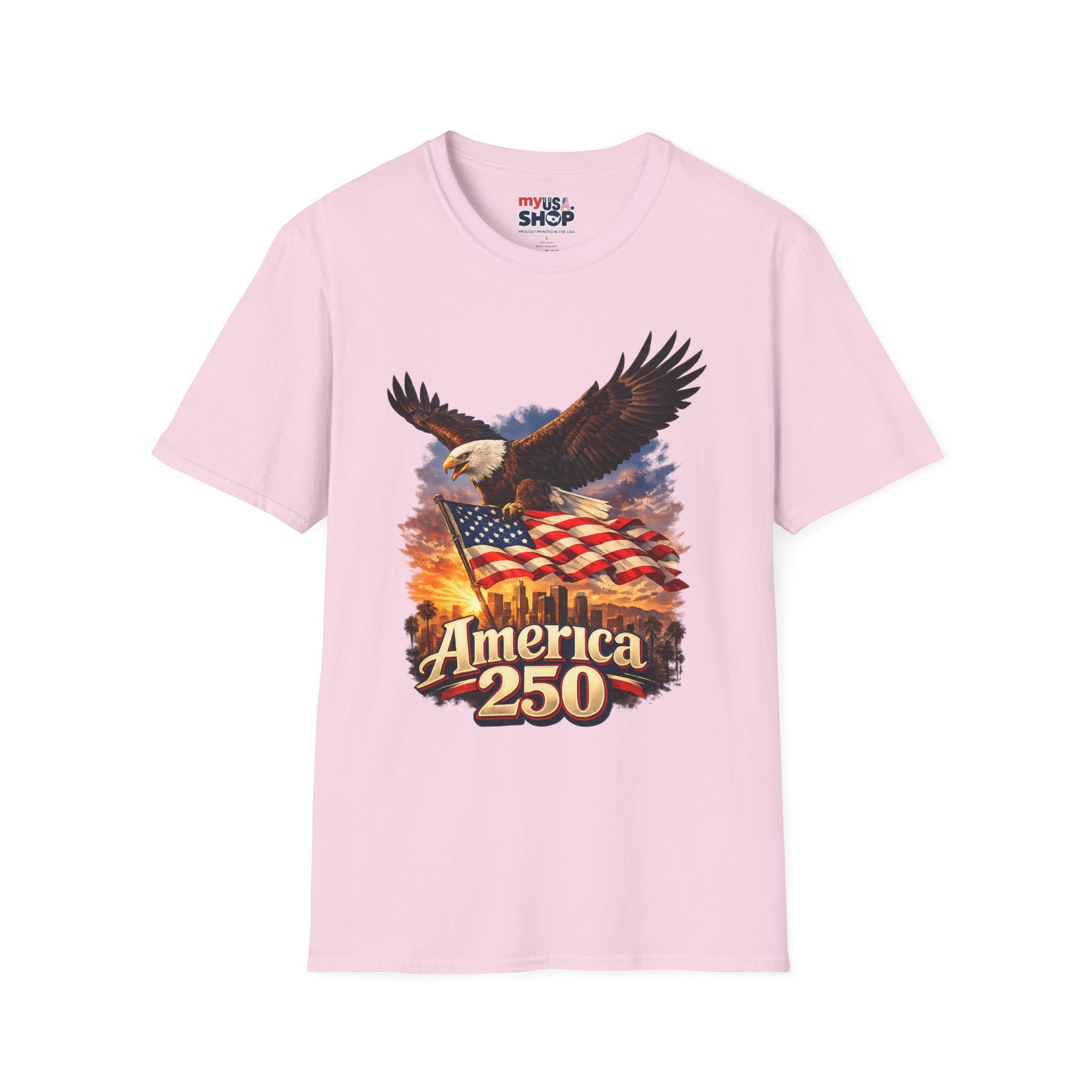 America 250 Los Angeles Eagle Flag Skyline Palms Sunset White California Tee