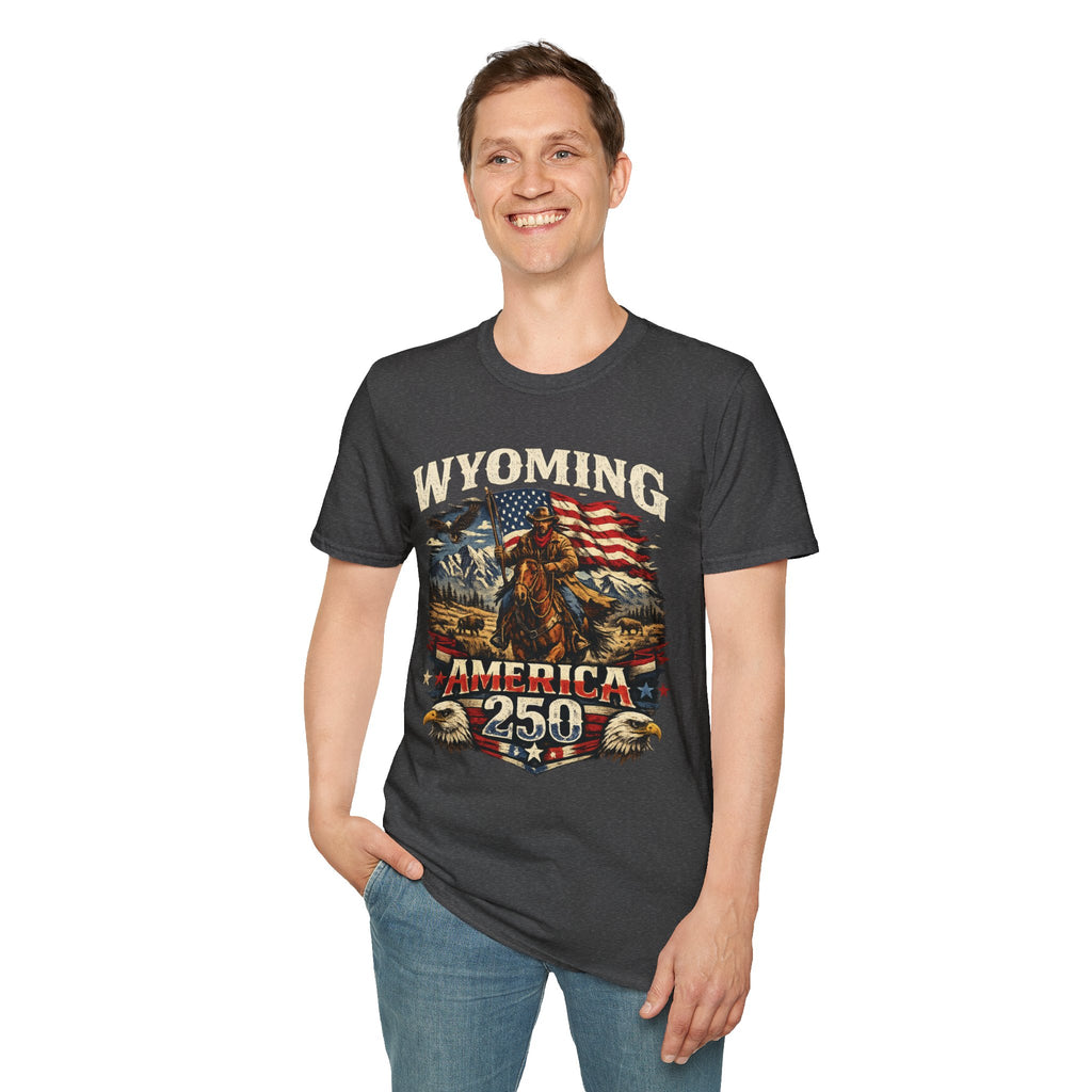 Wyoming Patriot Graphic T-Shirt — America 250 Flag & Cowboy Vintage Design