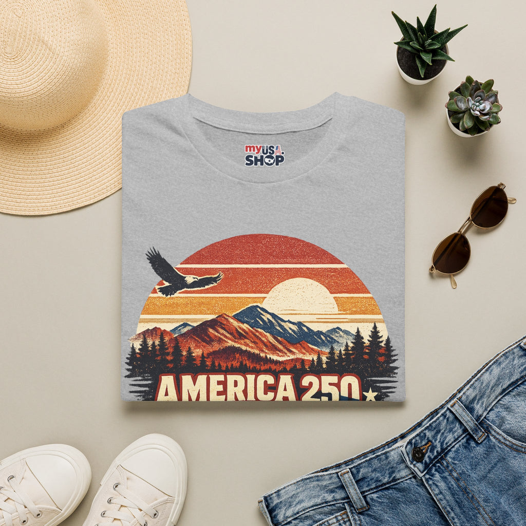 America 250 Retro Sunrise T-Shirt — West Virginia Scenic Eagle Design