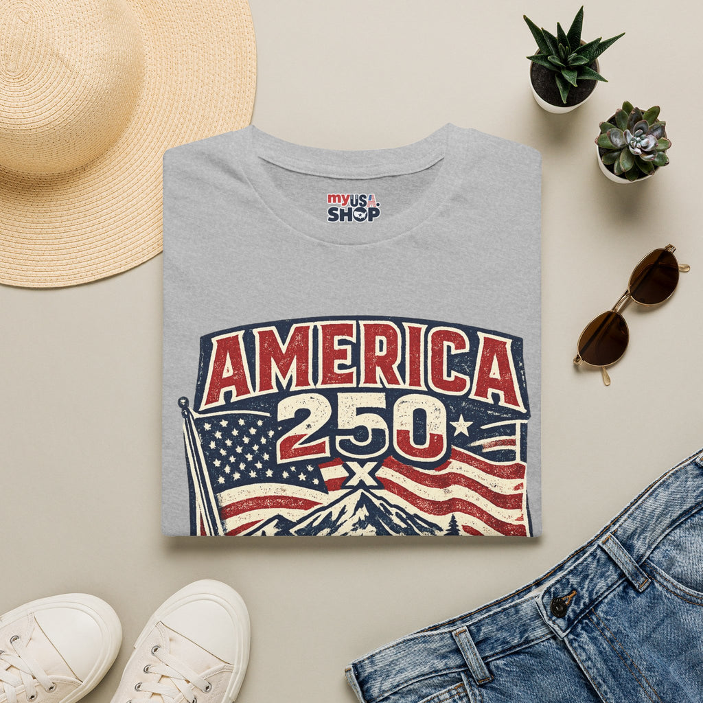 America 250 Oregon Shirt — Patriotic Mountain Flag Badge Tee