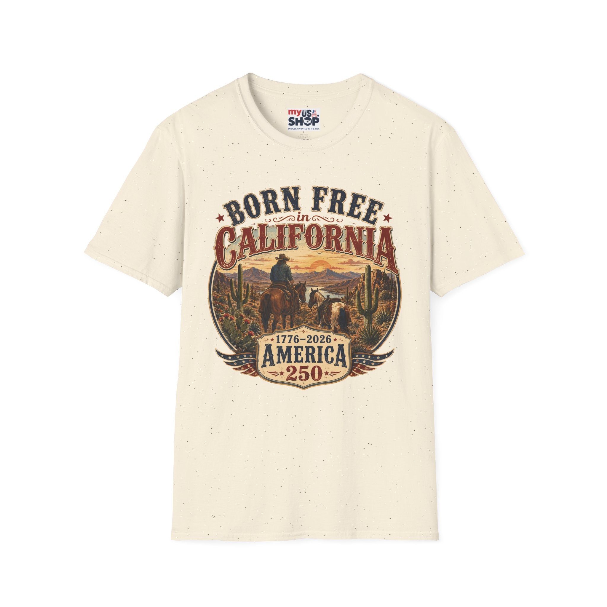 America 250 Born Free in California T-Shirt — Vintage Western Sunset Graphic