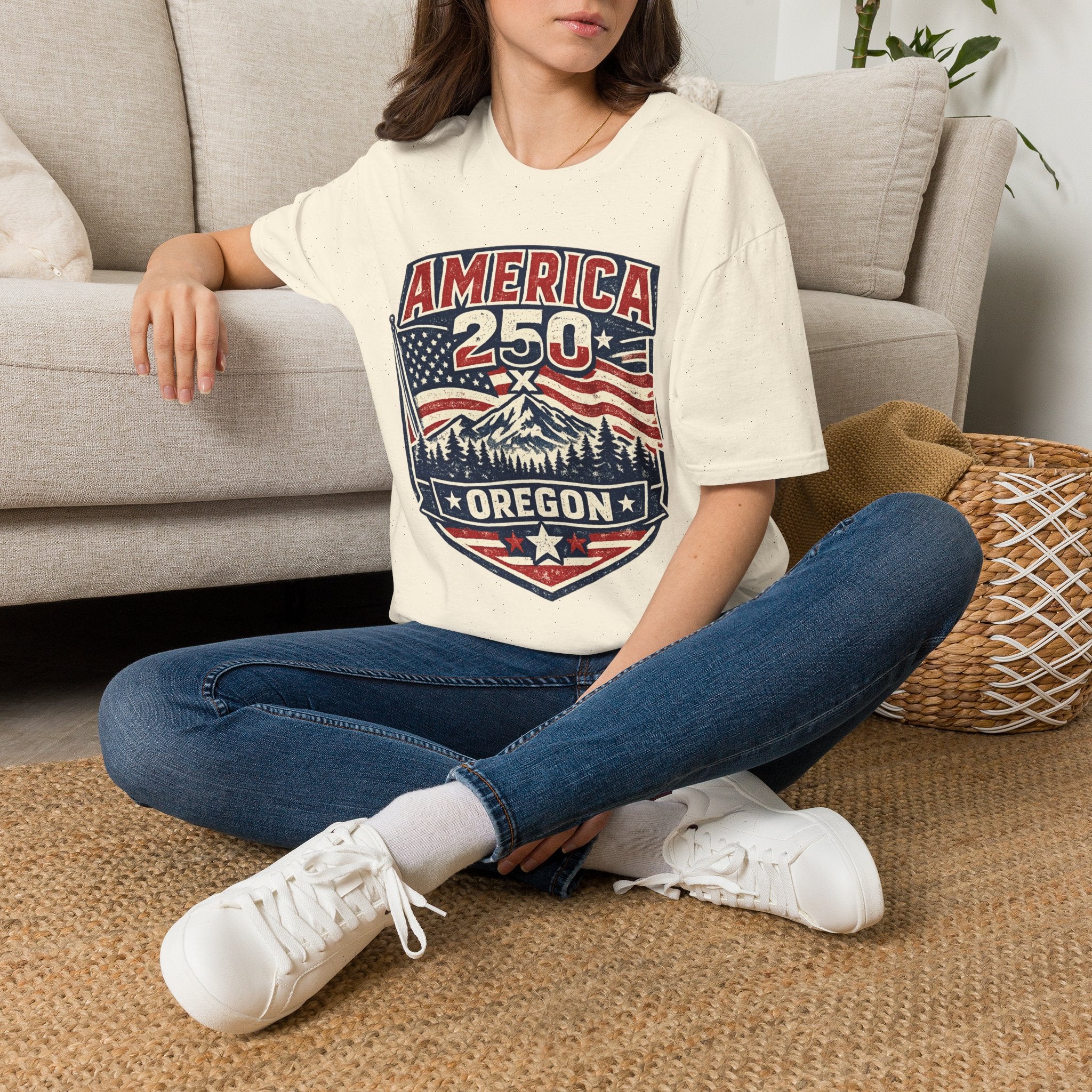 America 250 Oregon Shirt — Patriotic Mountain Flag Badge Tee