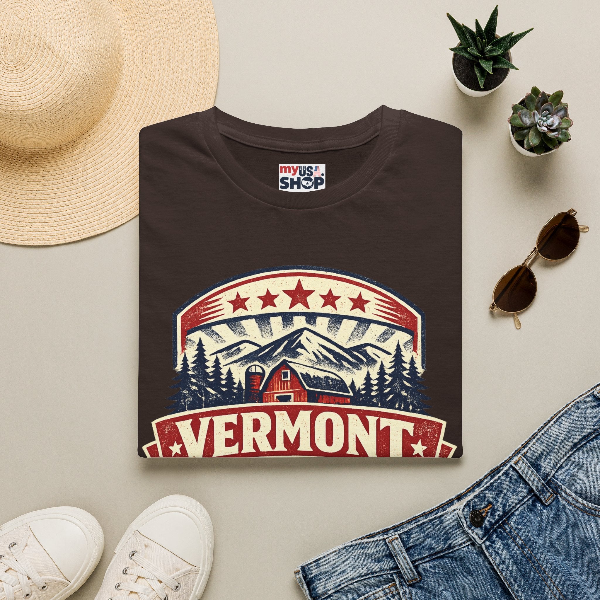 Vermont America 250 T-Shirt — Retro Mountain Cabin Design