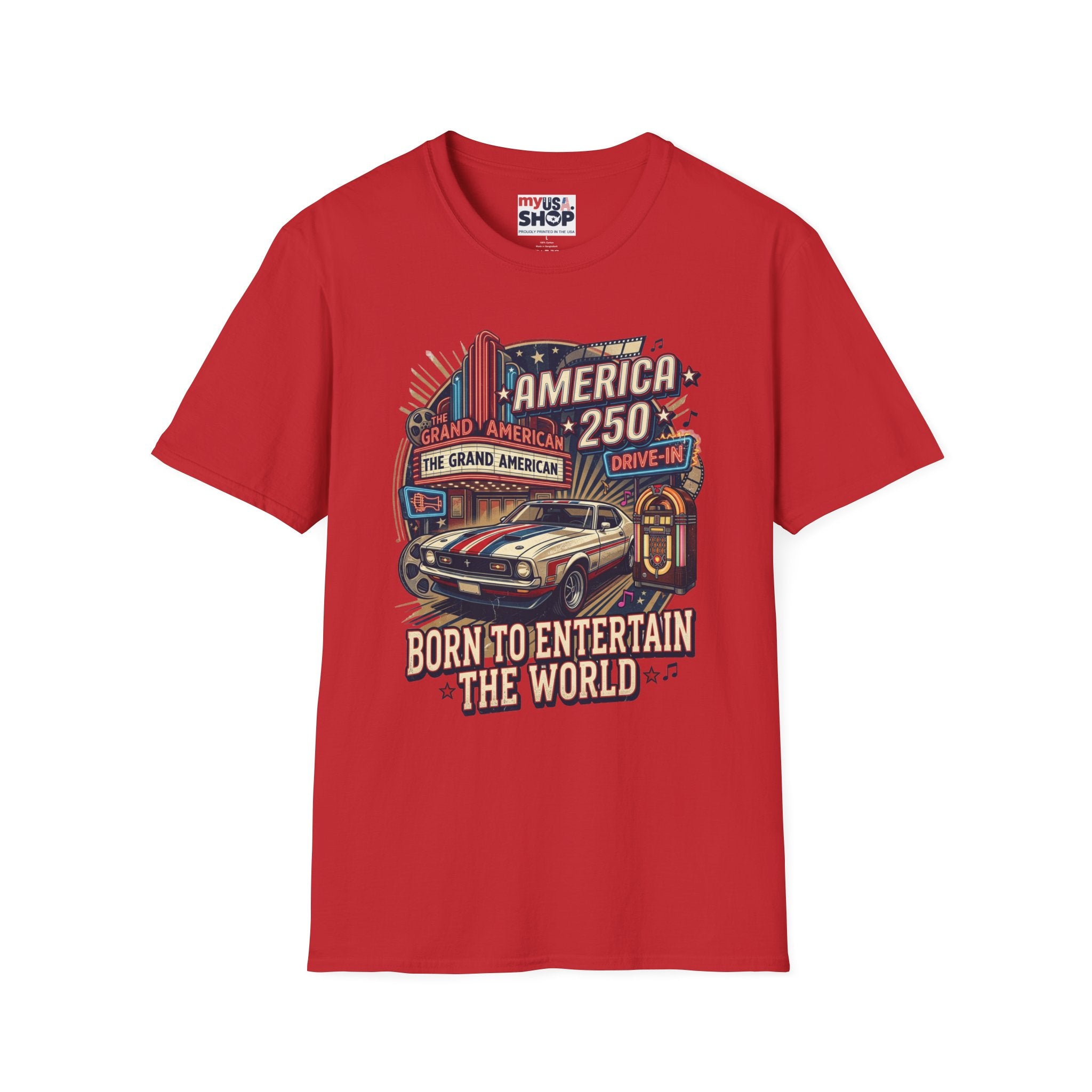 America 250 Vintage Drive-In Car T-Shirt — "Born to Entertain the World" Pop Culture