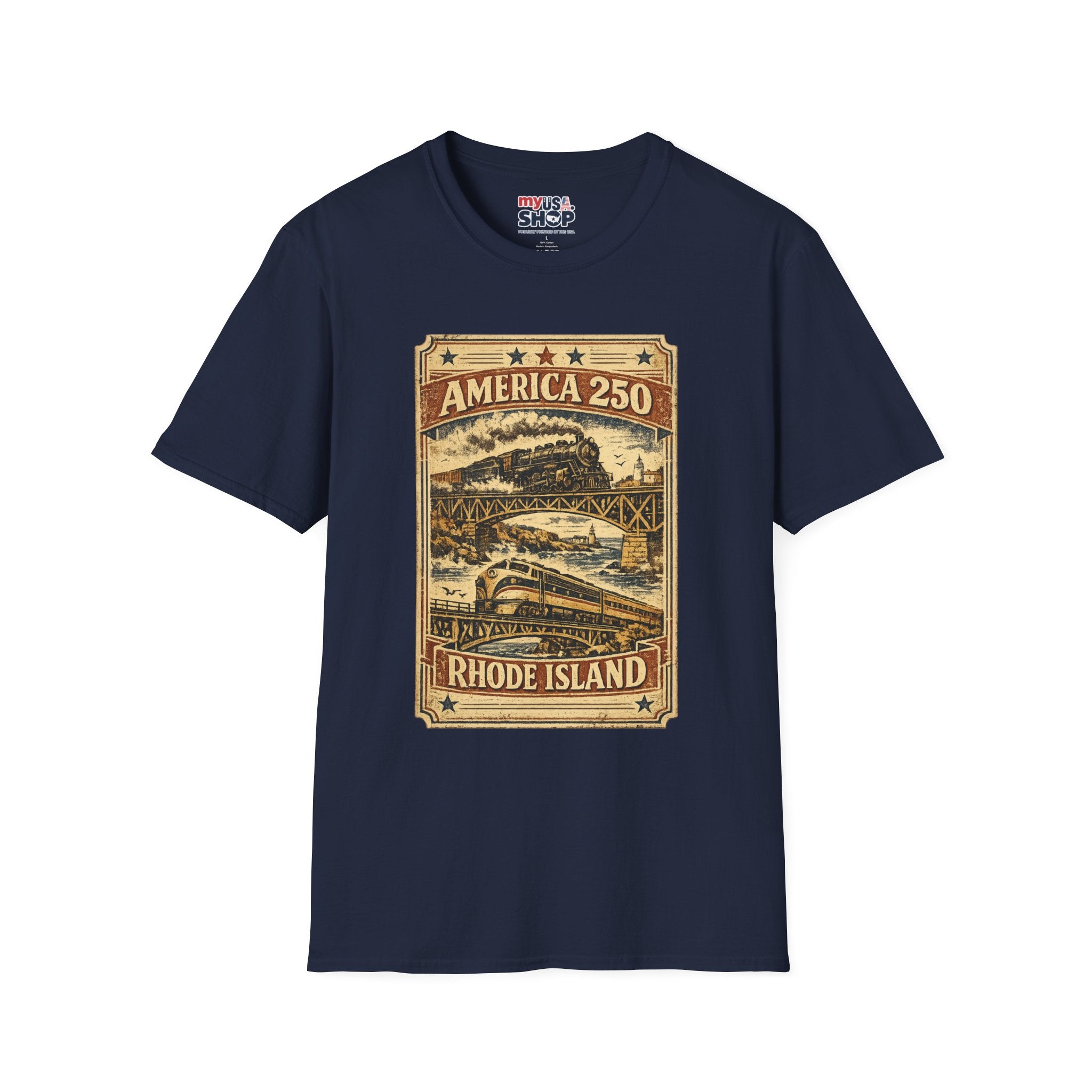 America 250 Rhode Island Train Heritage T-Shirt — Vintage Railroad Graphic Tee