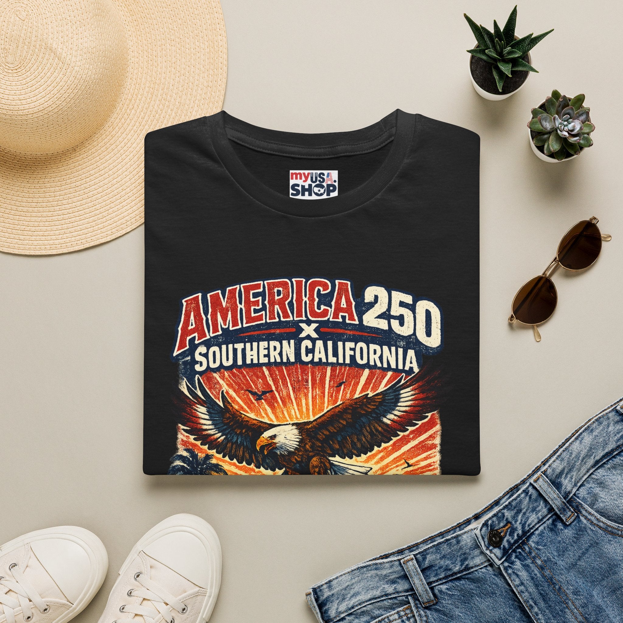 America 250 Southern California Graphic T-Shirt — Eagle, Sunset & Beach Vintage Design