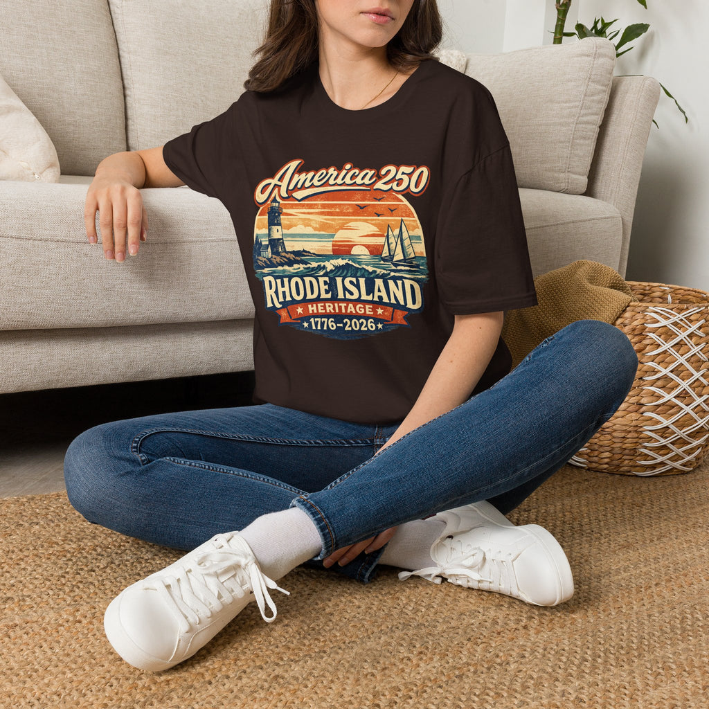 America 250 Rhode Island Heritage Shirt — Coastal Lighthouse Sunset Tee