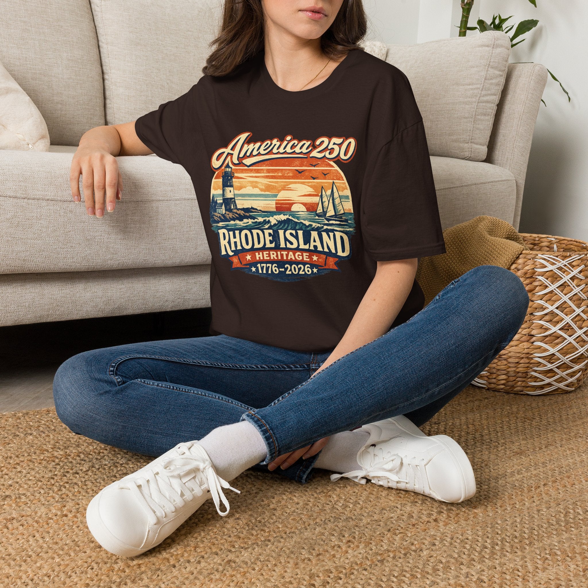 America 250 Rhode Island Heritage Shirt — Coastal Lighthouse Sunset Tee