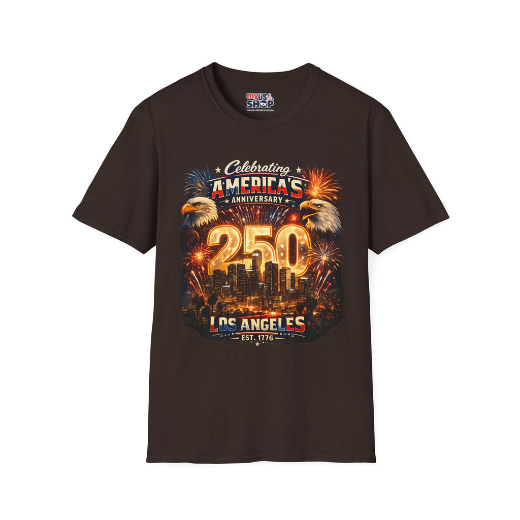 America 250 Los Angeles Celebrating Americas Anniversary Dual Eagle Skyline Fireworks California Tee