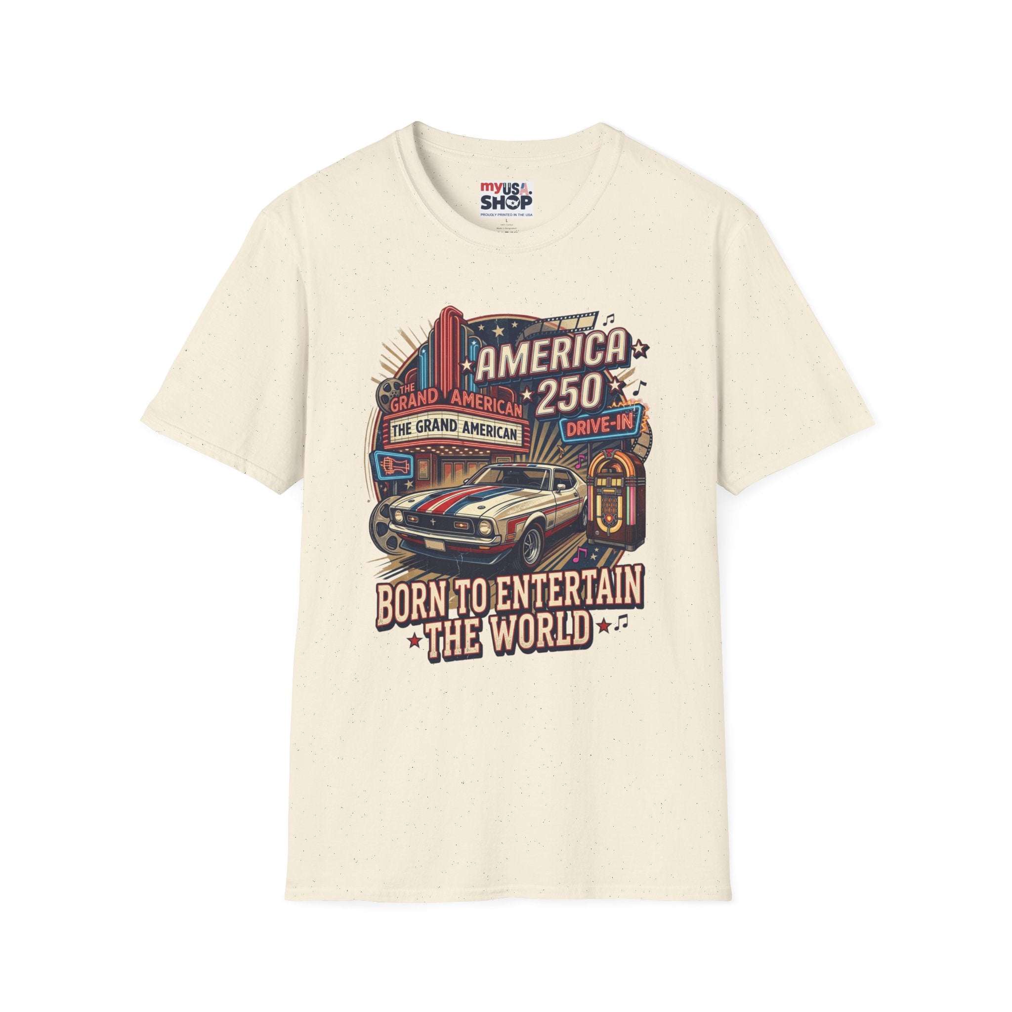 America 250 Vintage Drive-In Car T-Shirt — "Born to Entertain the World" Pop Culture
