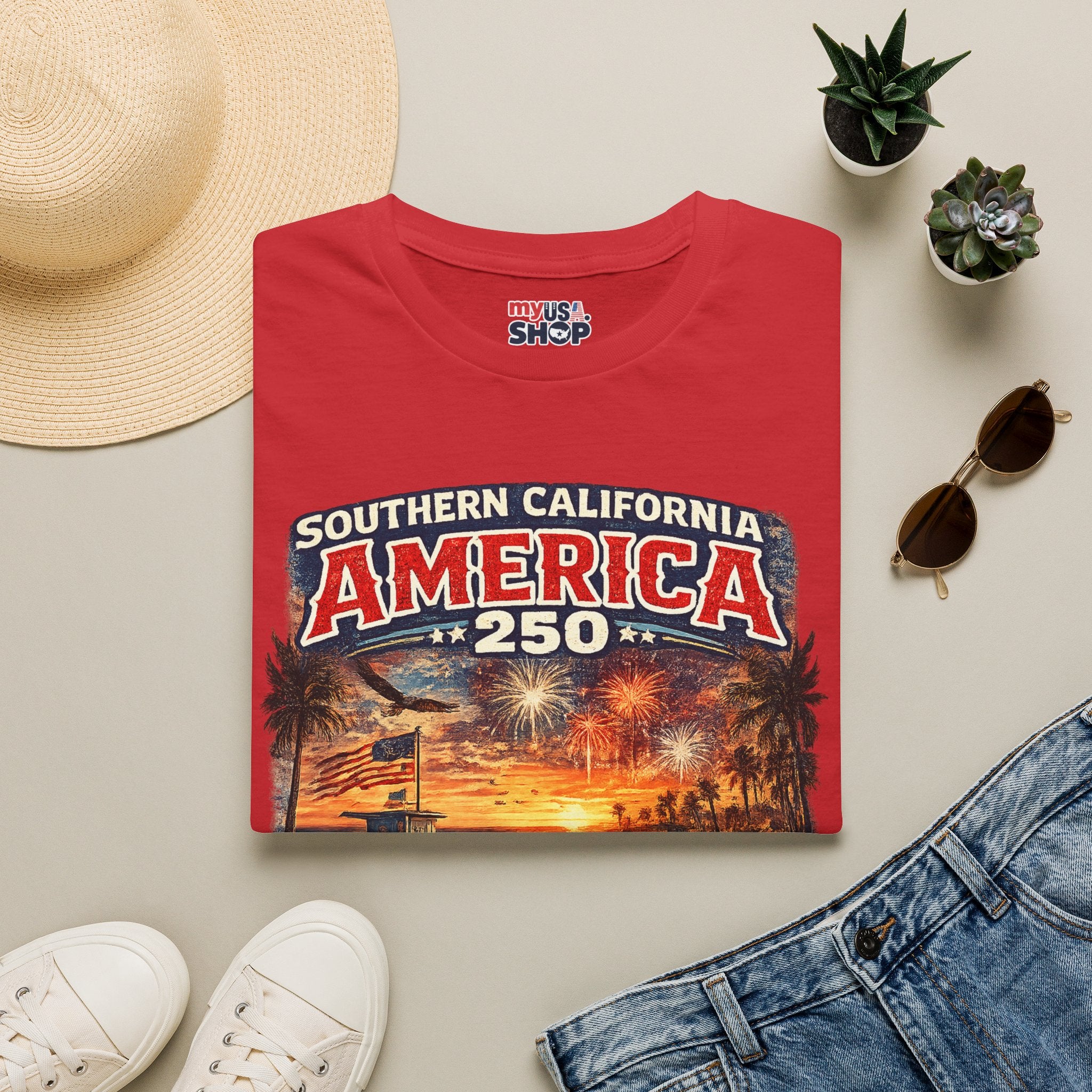 America 250 Southern California Sunset T-Shirt — Patriotic 4th of July Beach Vintage Tee