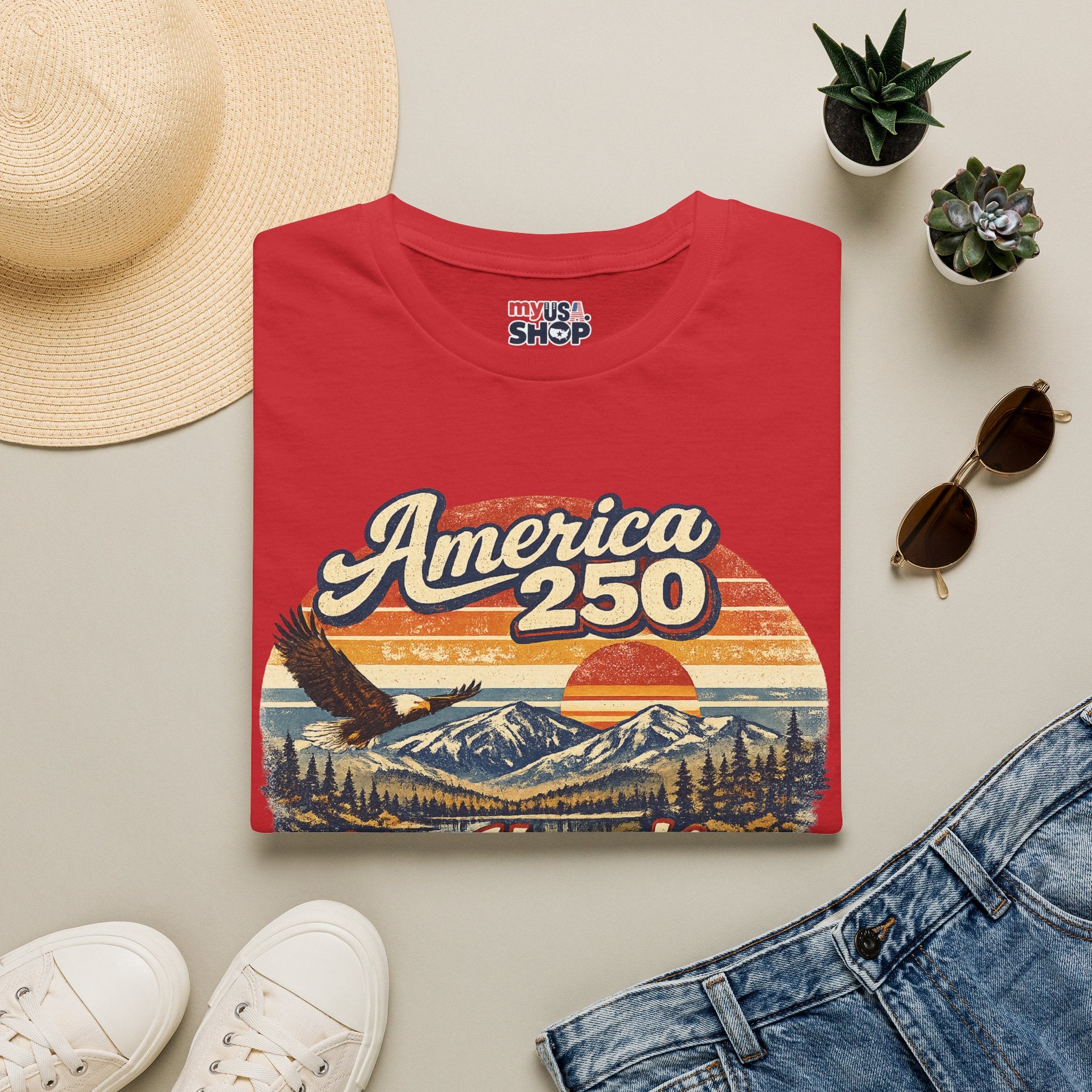 America 250 T-Shirt — Retro Eagle & Mountain New Hampshire Design