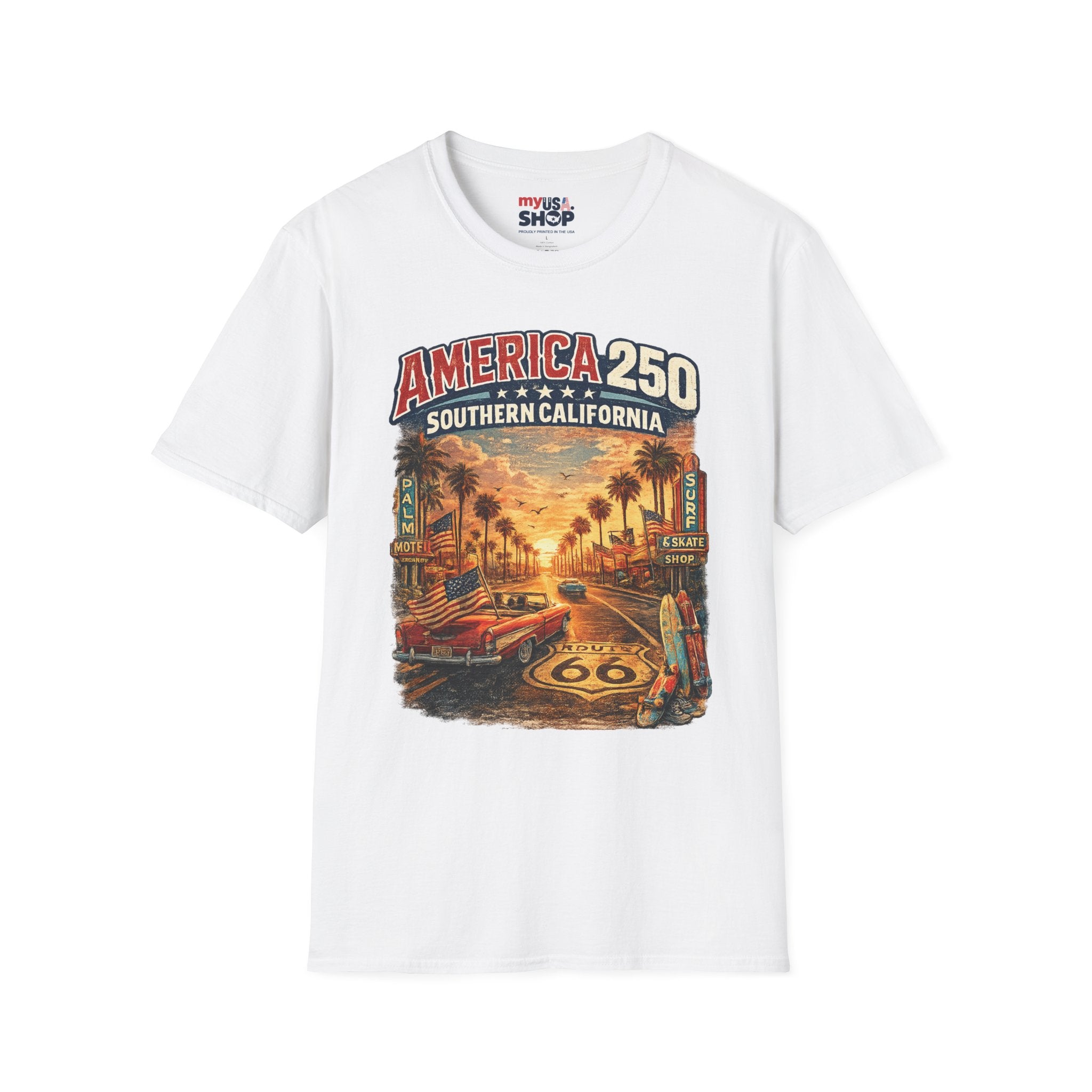 America 250 Southern California Sunset T‑Shirt — Retro Route 66 Palm Tree Tee