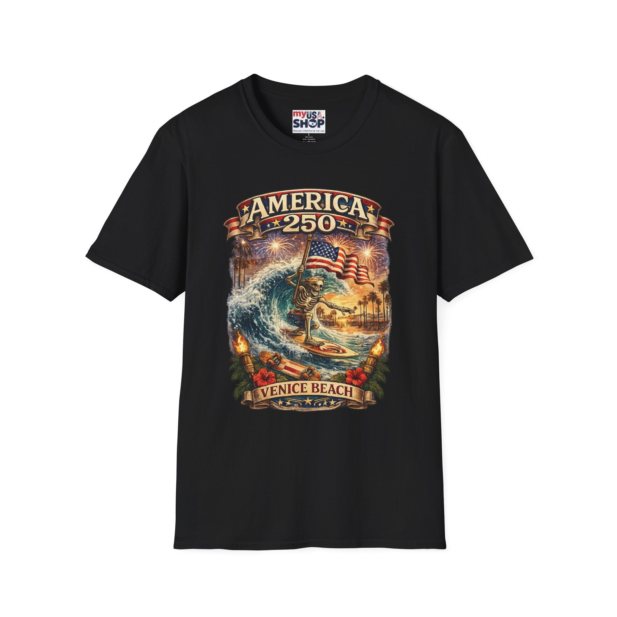 America 250 Venice Beach T-Shirt — Patriotic Vintage Surf & Fireworks Tee