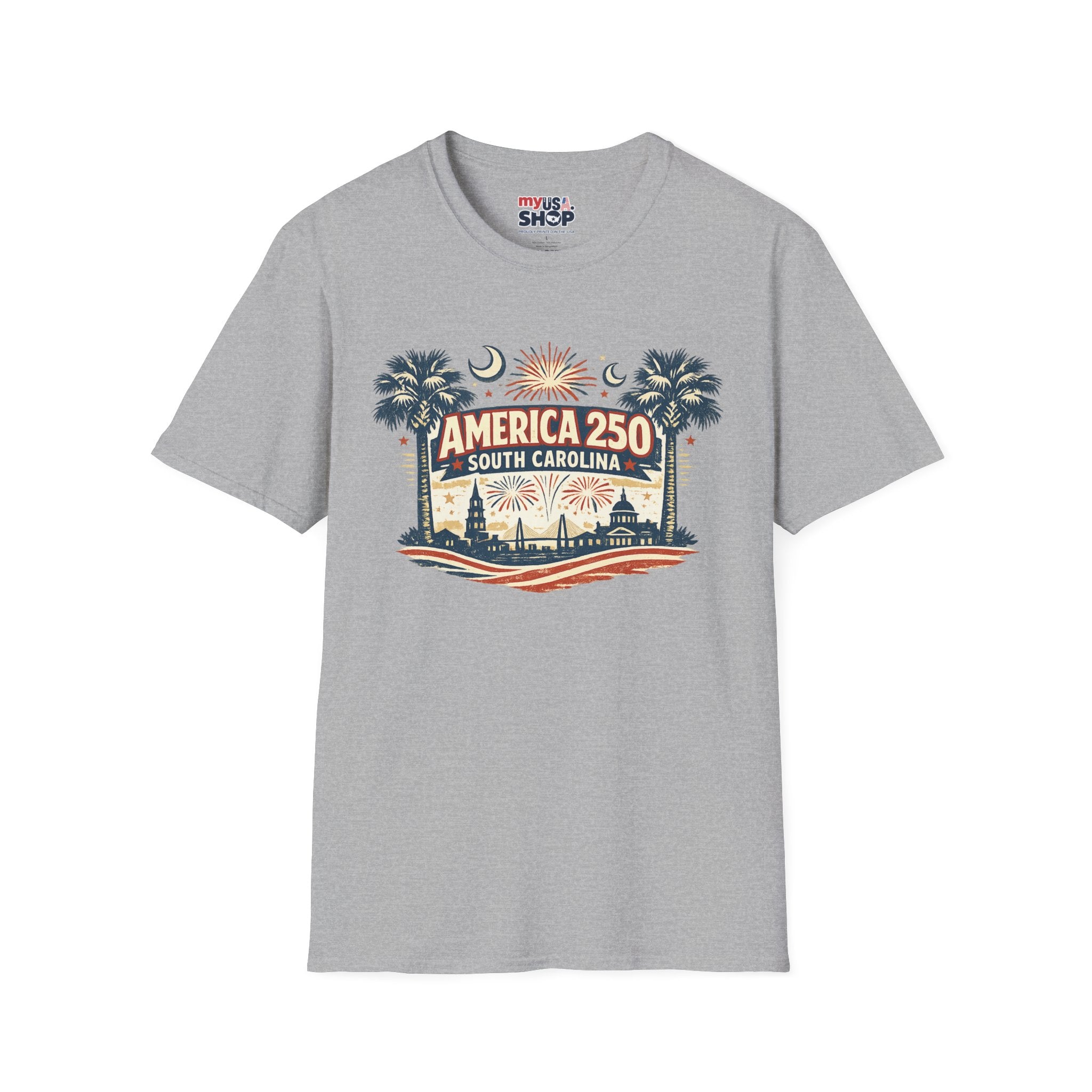 America 250 South Carolina T‑Shirt — Patriotic 250th Anniversary Tee with Palms & Fireworks