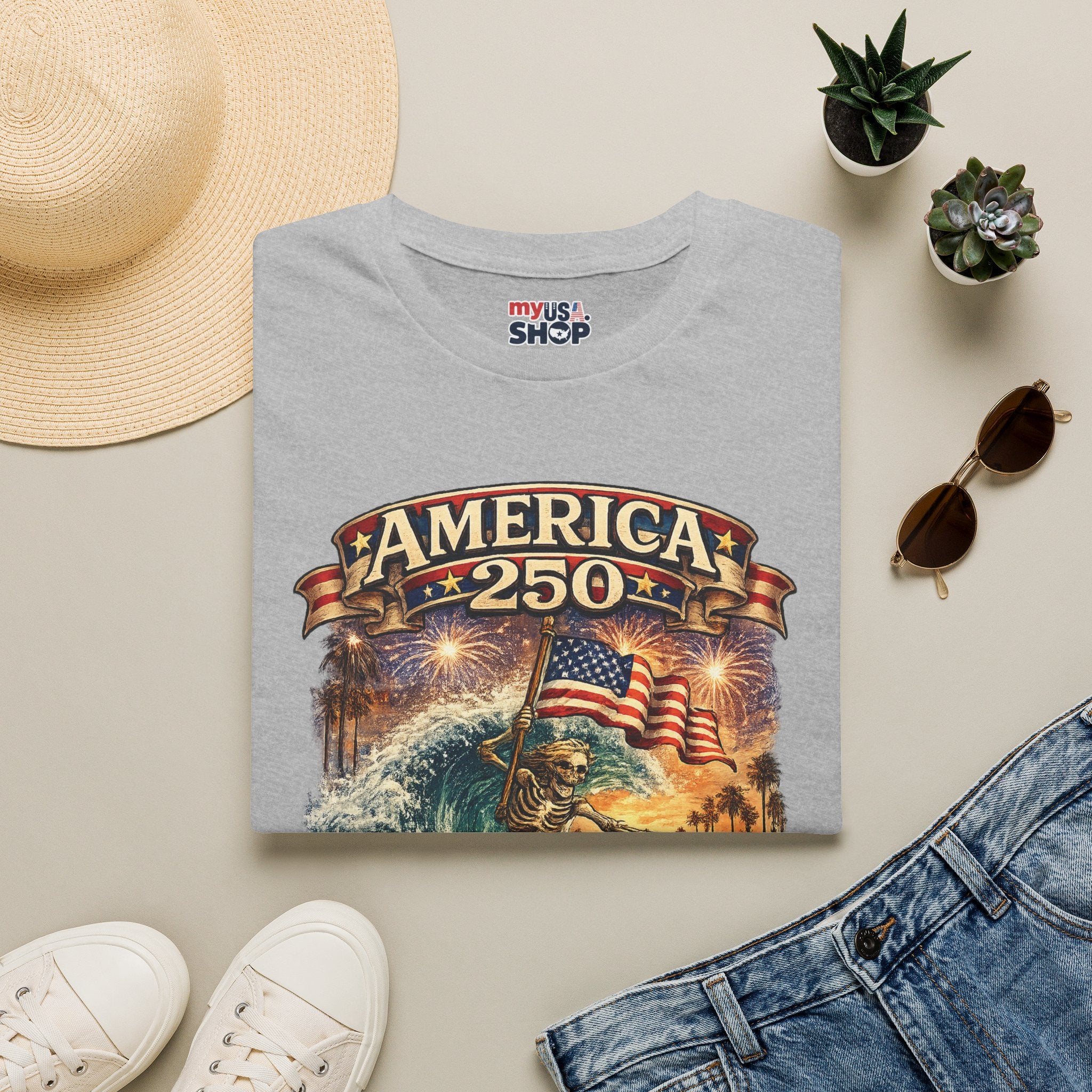 America 250 Venice Beach T-Shirt — Patriotic Vintage Surf & Fireworks Tee