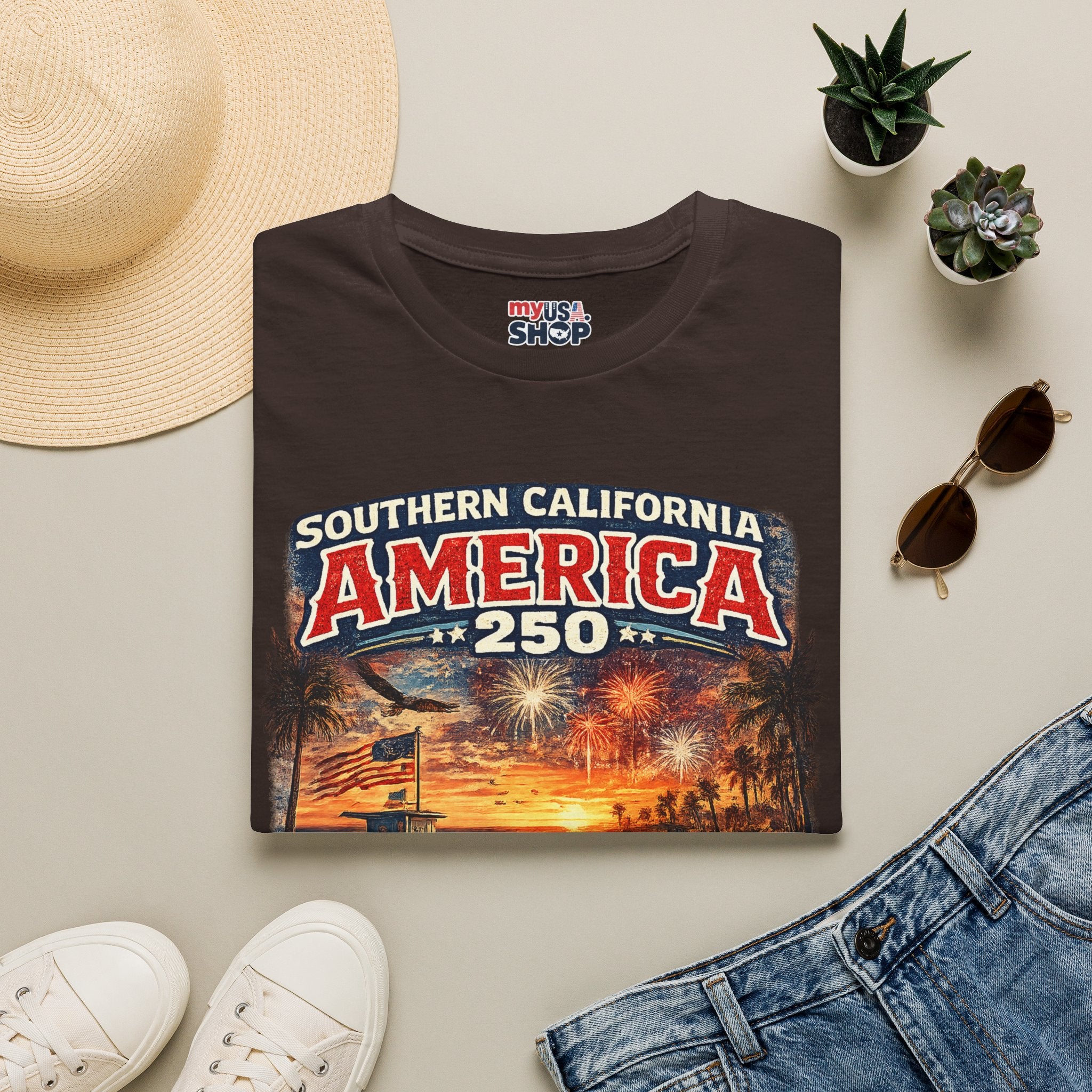 America 250 Southern California Sunset T-Shirt — Patriotic 4th of July Beach Vintage Tee