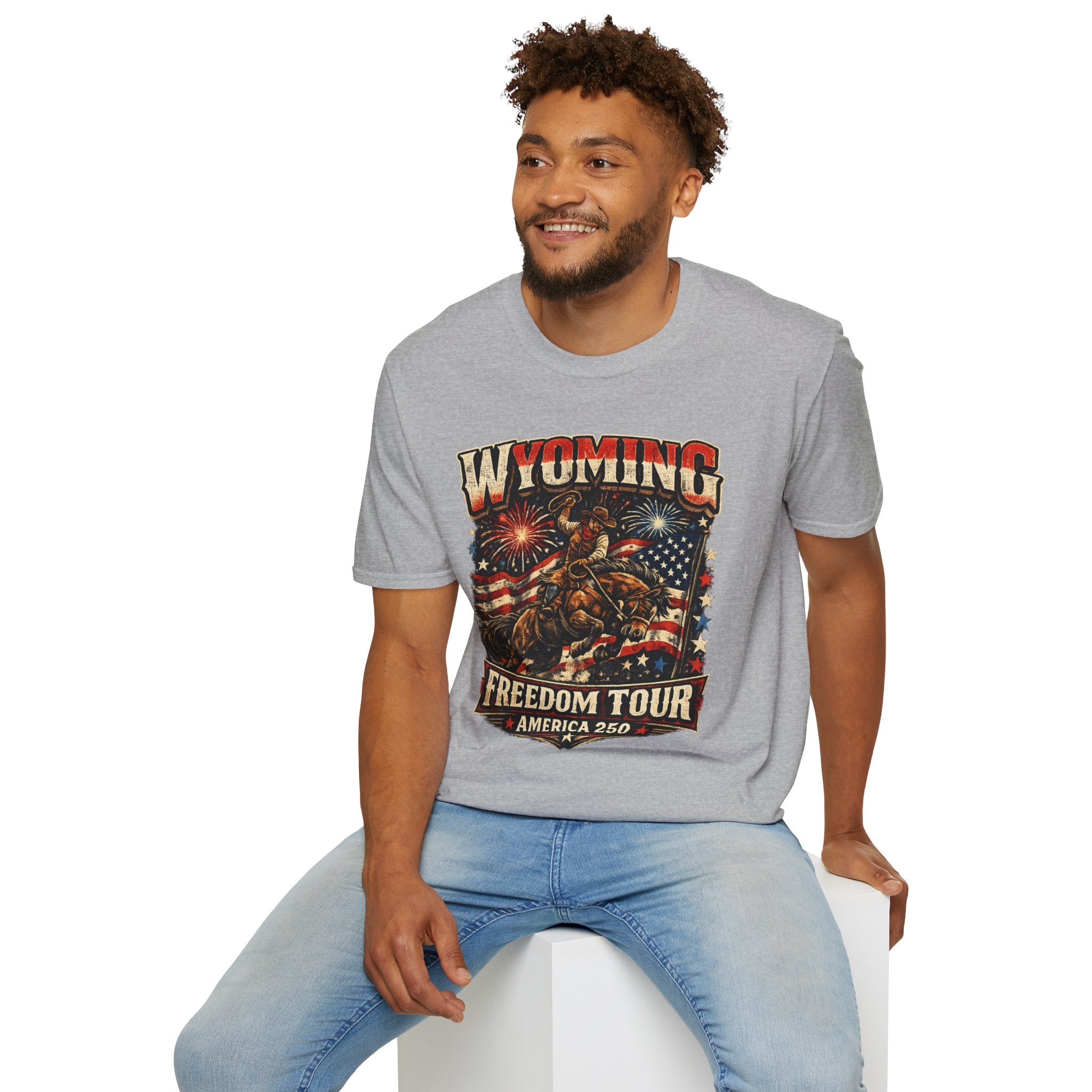 America 250 Freedom Tour T-Shirt — Wyoming Patriotic Rodeo USA Graphic Tee