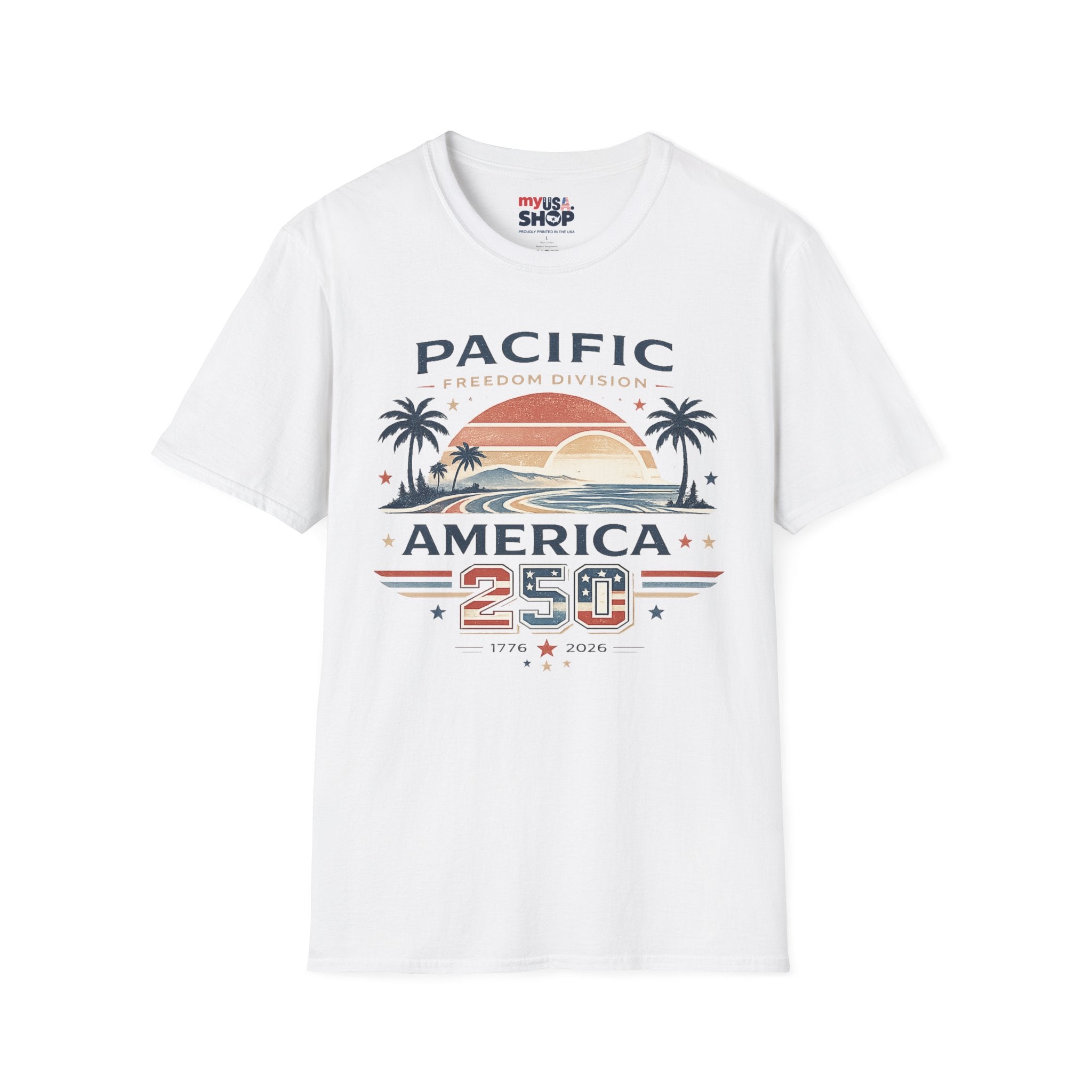 America 250 Pacific Sunset T-Shirt — Vintage Coastal Palm Beach Graphic