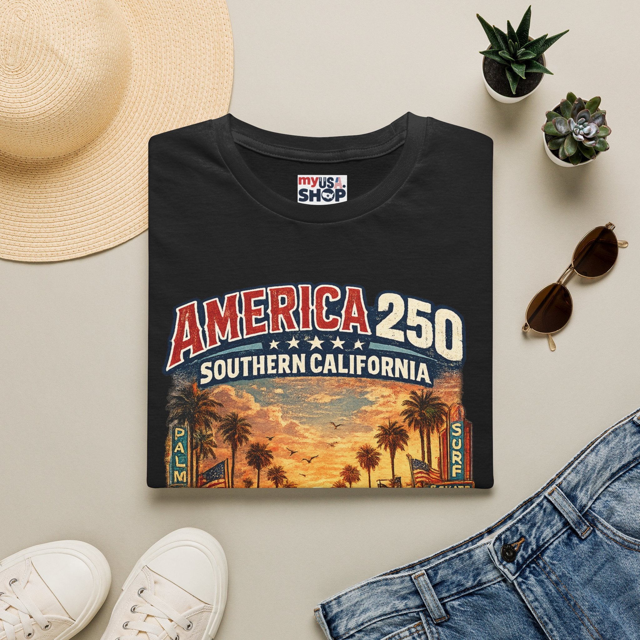 America 250 Southern California Sunset T‑Shirt — Retro Route 66 Palm Tree Tee