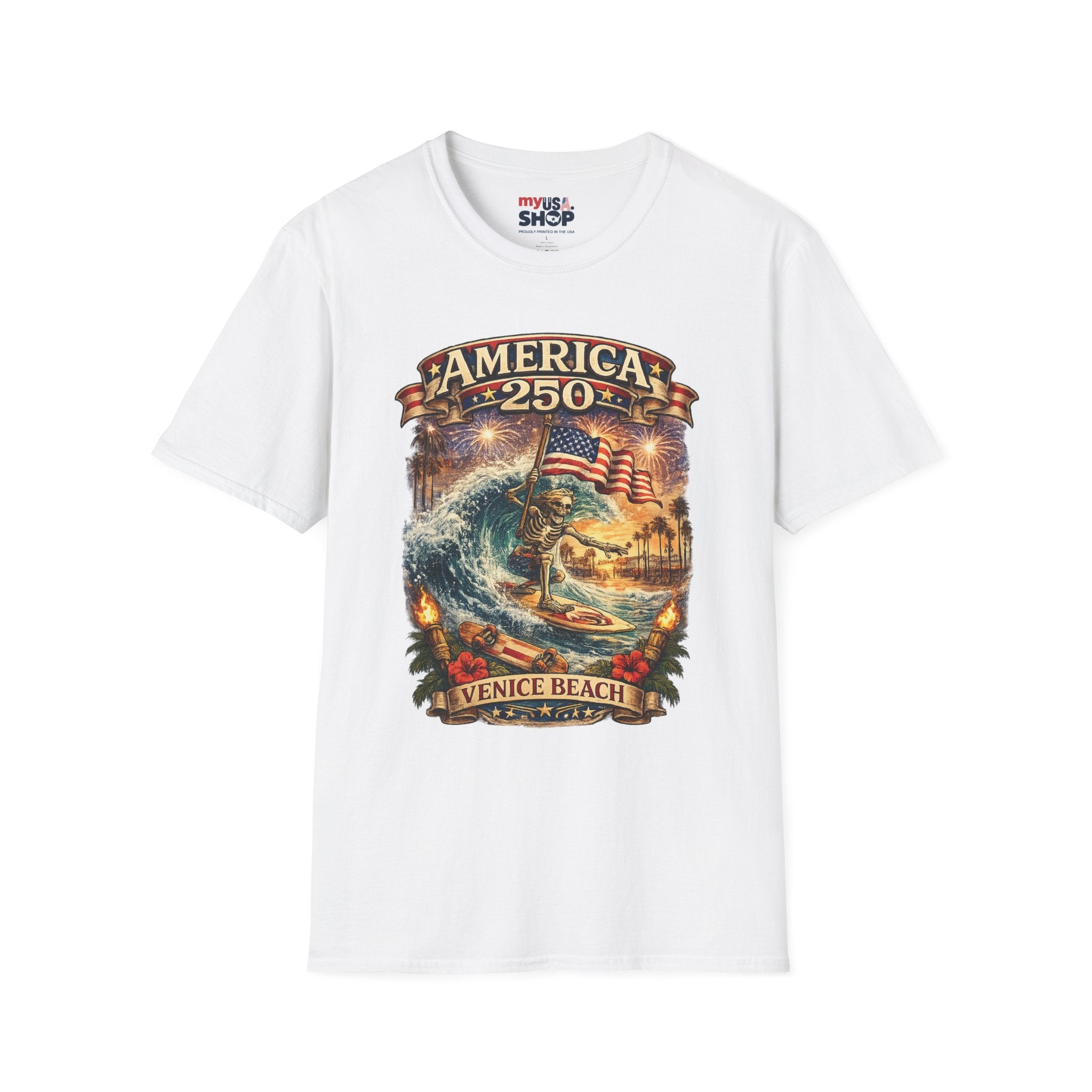 America 250 Venice Beach T-Shirt — Patriotic Vintage Surf & Fireworks Tee