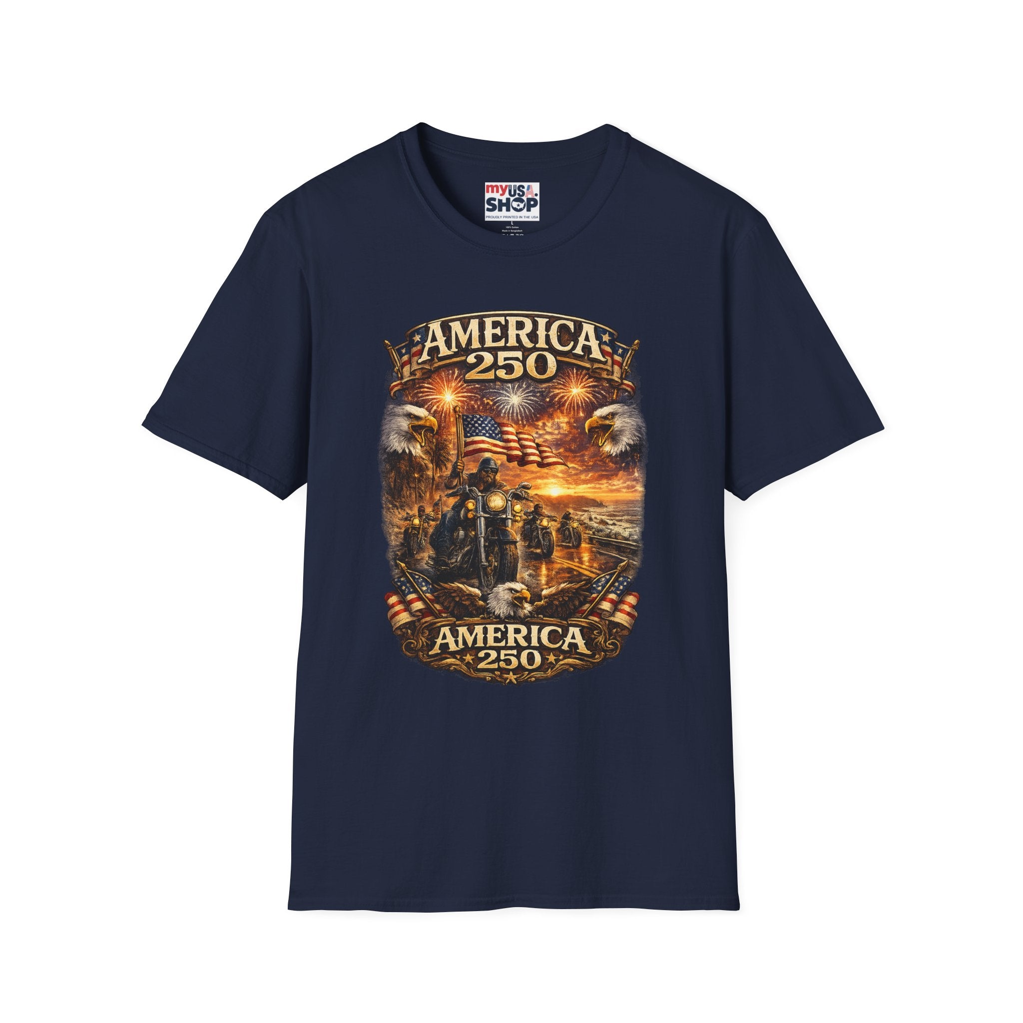 America 250 Celebration T-Shirt — Patriotic Fireworks & Bald Eagle Tee