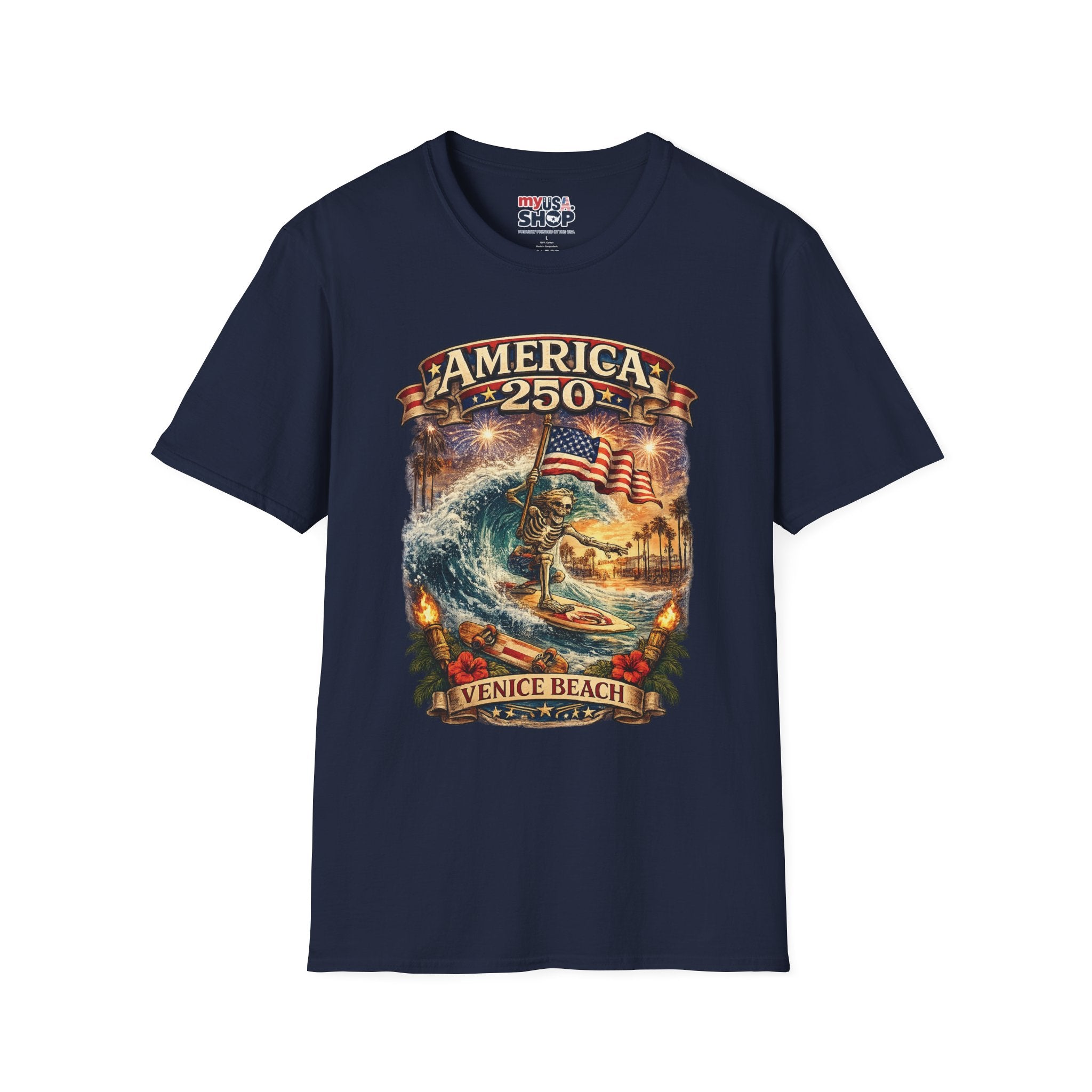 America 250 Venice Beach T-Shirt — Patriotic Vintage Surf & Fireworks Tee