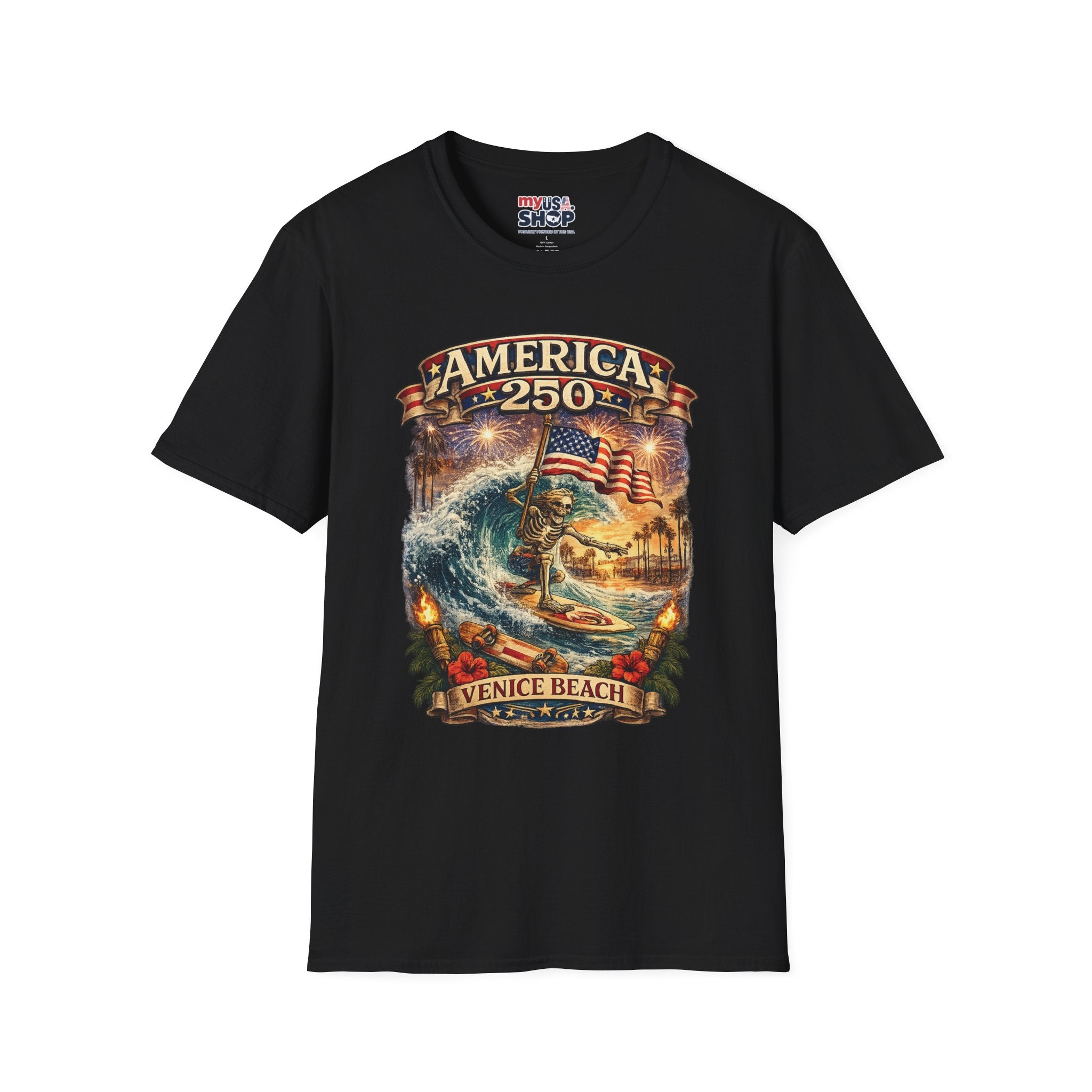 America 250 Venice Beach T-Shirt — Patriotic Vintage Surf & Fireworks Tee