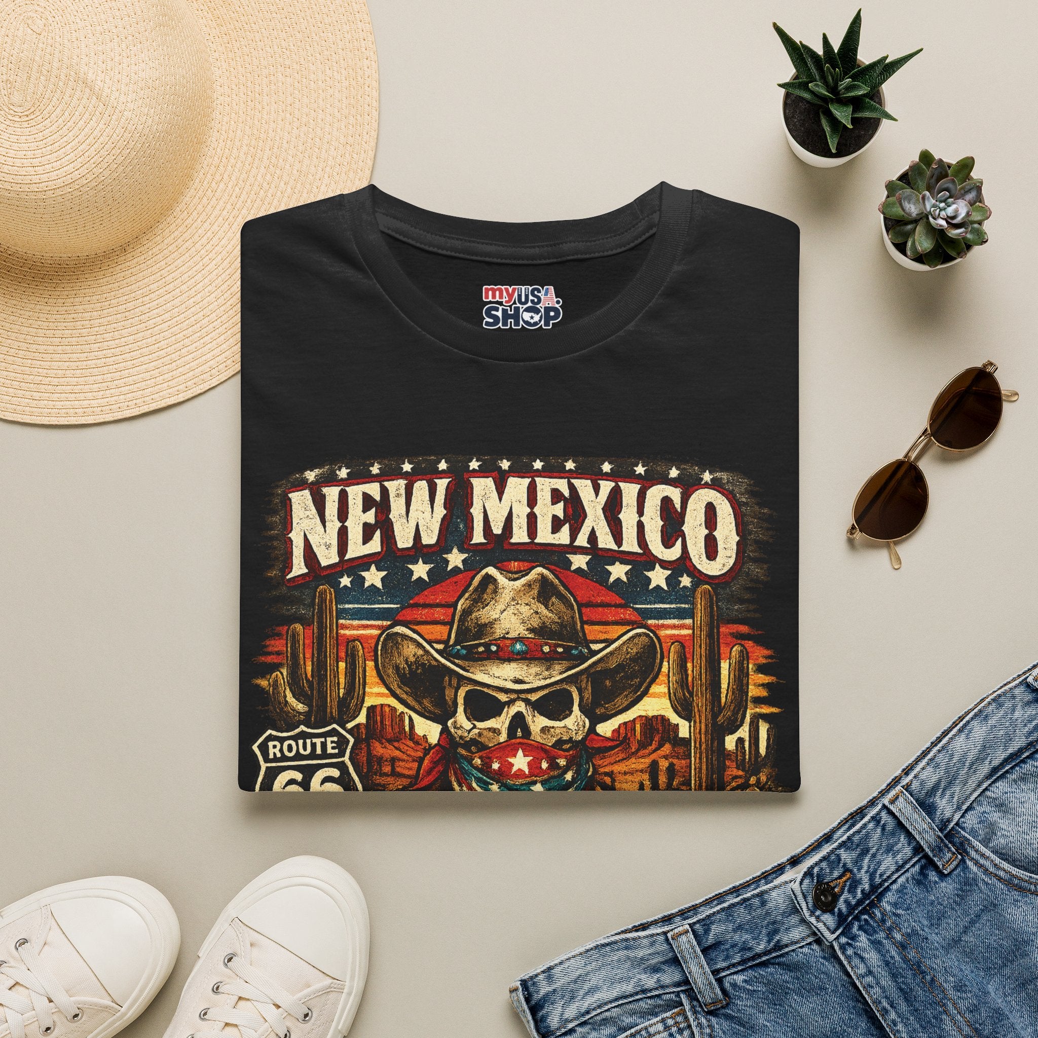 America 250 New Mexico Skull Cowboy T-Shirt — Route 66 Americana Desert Tee