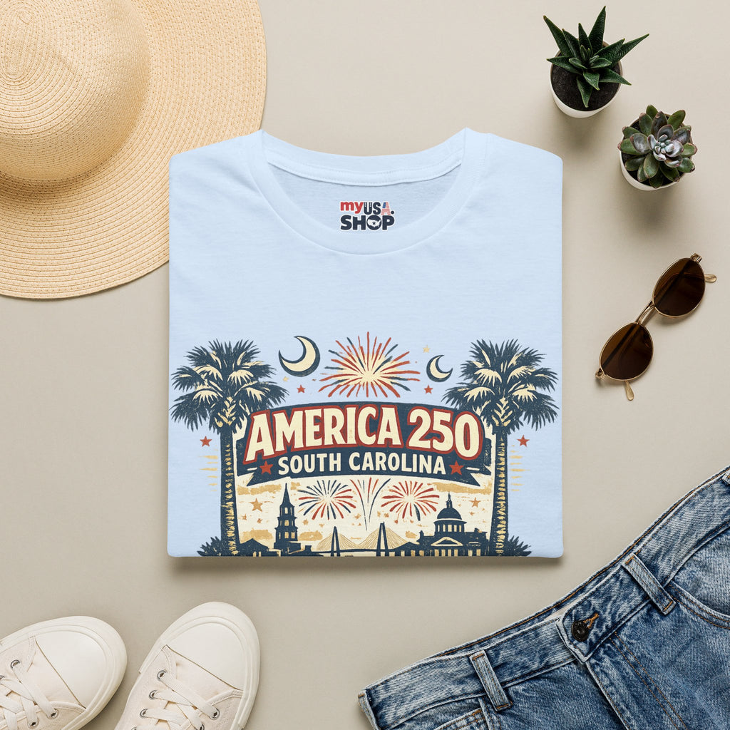 America 250 South Carolina T‑Shirt — Patriotic 250th Anniversary Tee with Palms & Fireworks