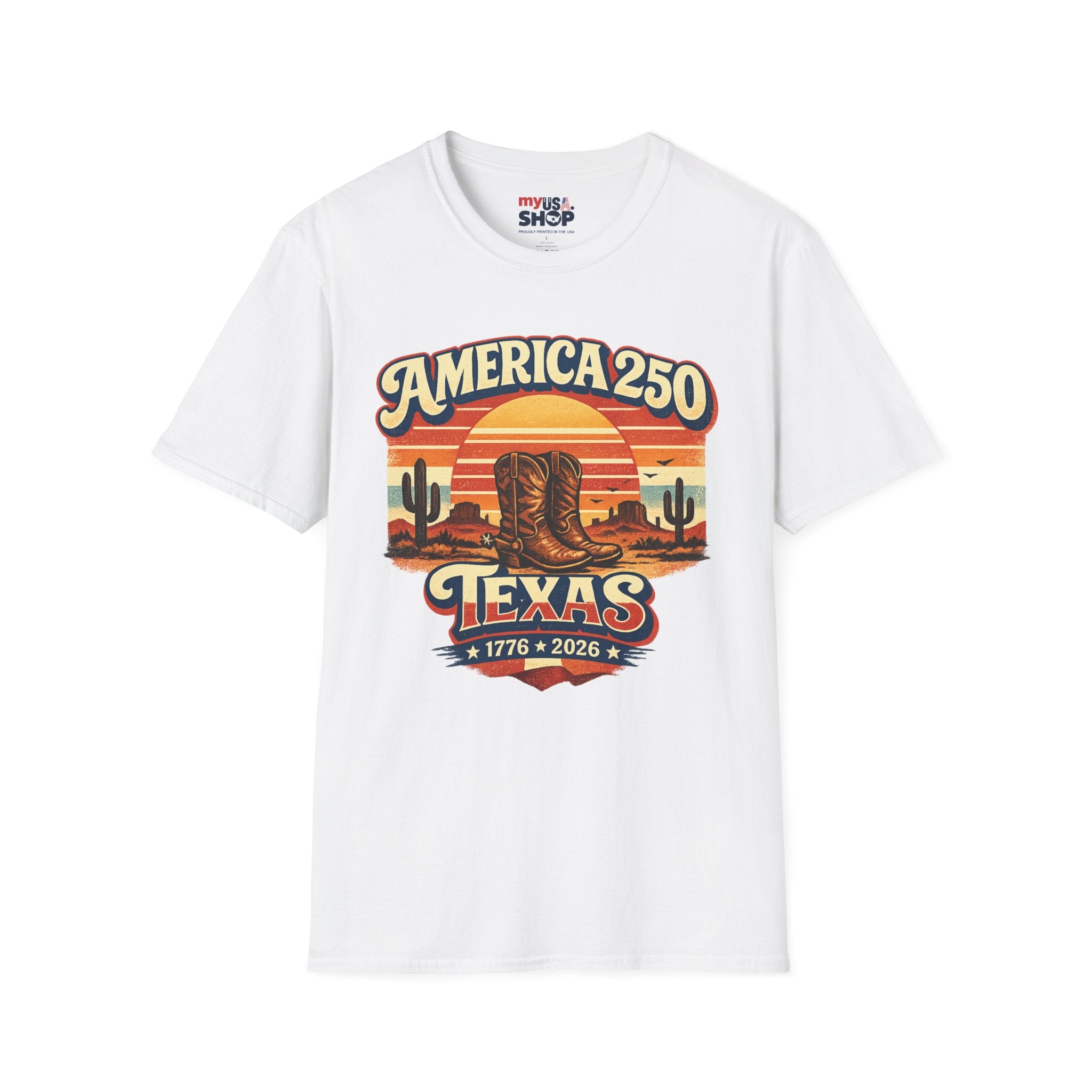 America 250 Texas T-Shirt — 1776–2026 Retro Cowboy Boots Sunset Design