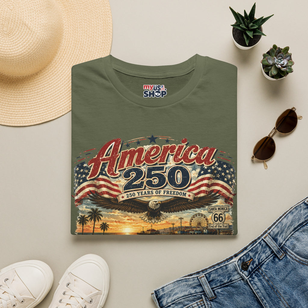 America 250 Santa Monica T-Shirt — USA 250 Years of Freedom Vintage Graphic Tee