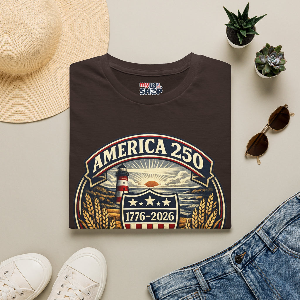 America 250 Commemorative T-Shirt – Wisconsin History Lighthouse Vintage Badge