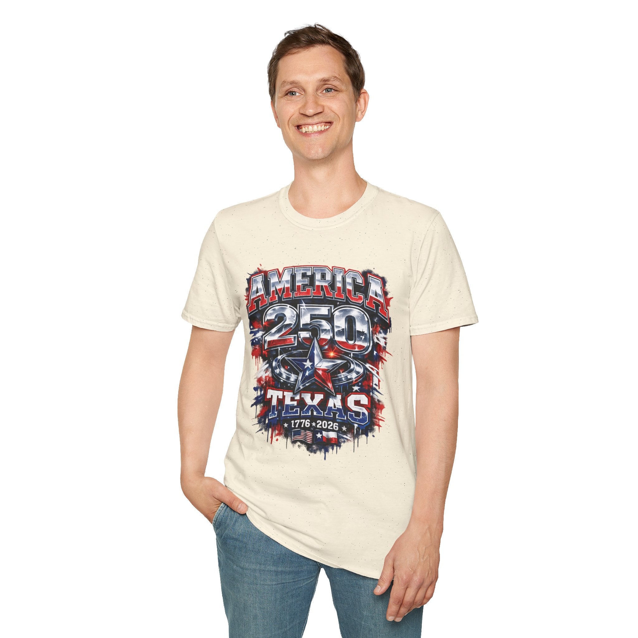 America 250 Texas Shirt — Patriotic Chrome Star Graphic Tee
