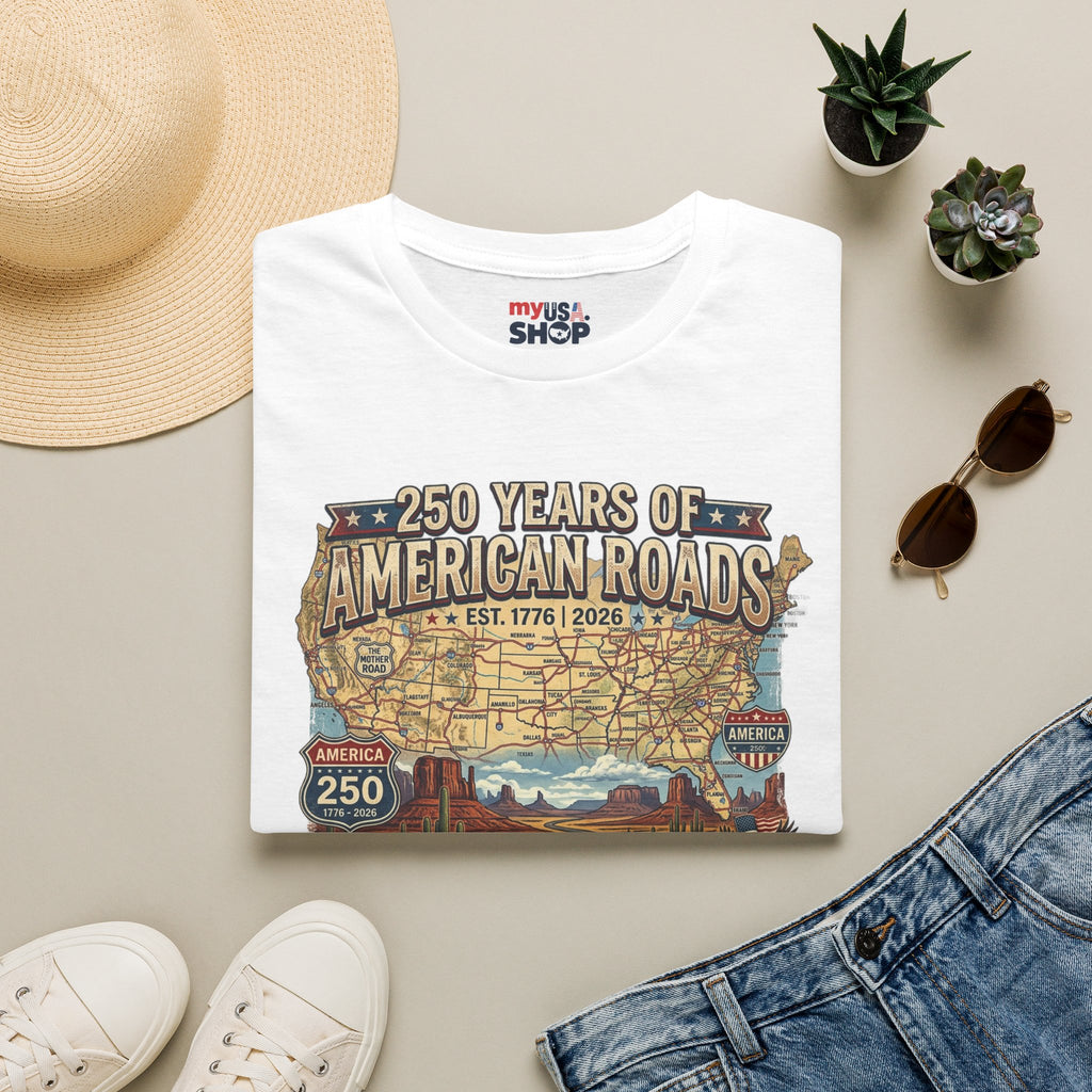 250 Years of American Roads T‑Shirt — Vintage USA Roadmap & Route 66 Travel Tee America 250 Pop Culture