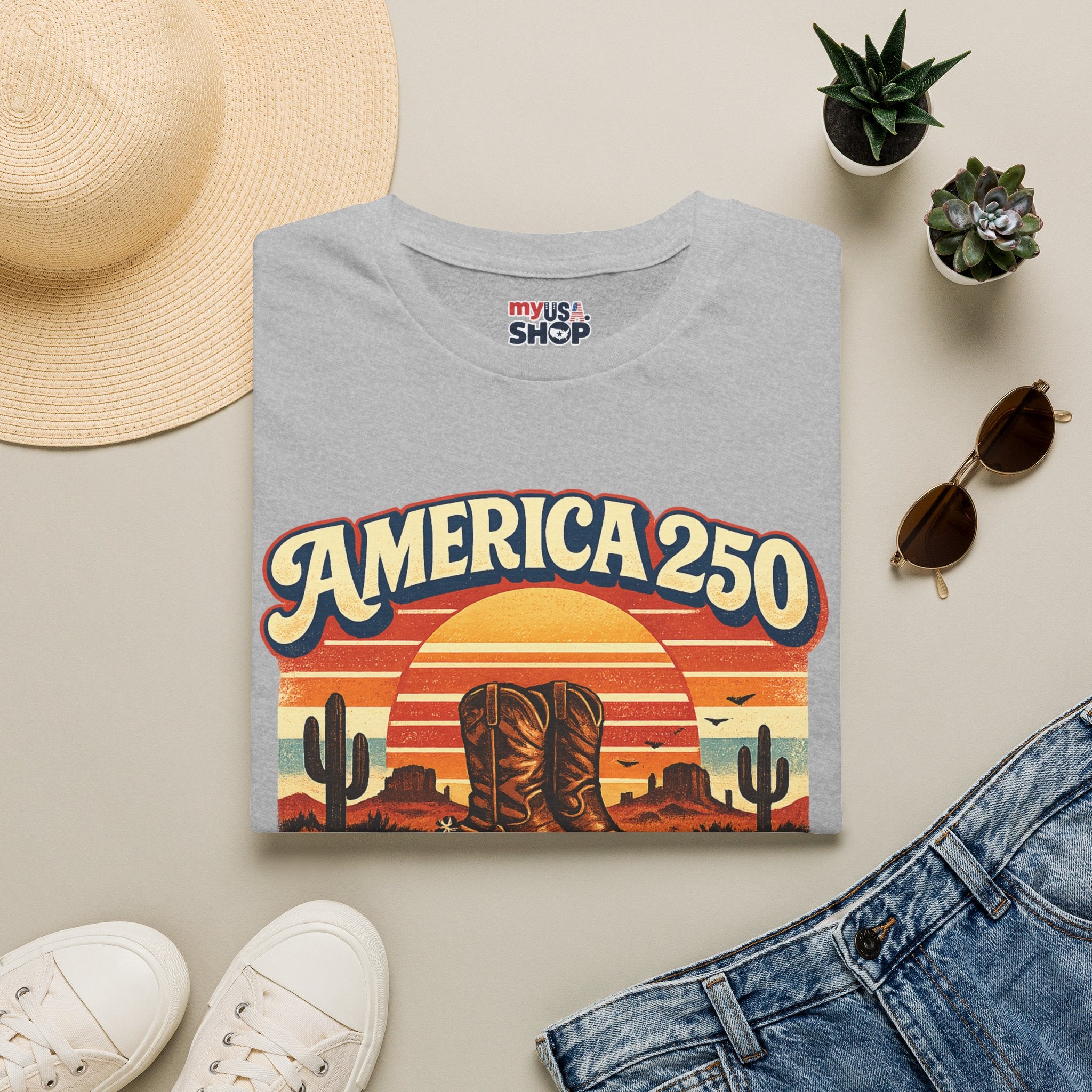 America 250 Texas T-Shirt — Retro Desert Cowboy Graphic Tee