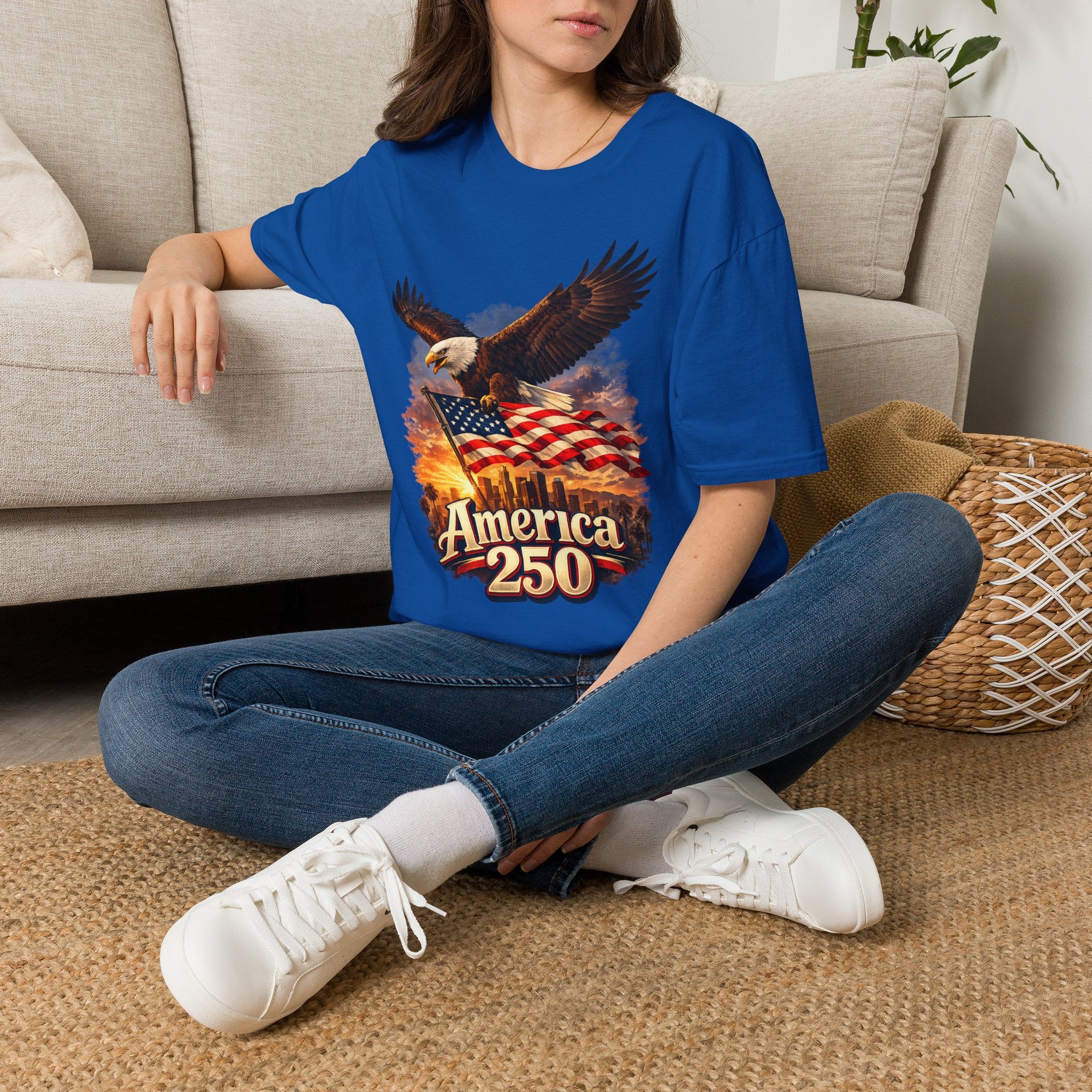 America 250 Los Angeles Eagle Flag Skyline Palms Sunset White California Tee