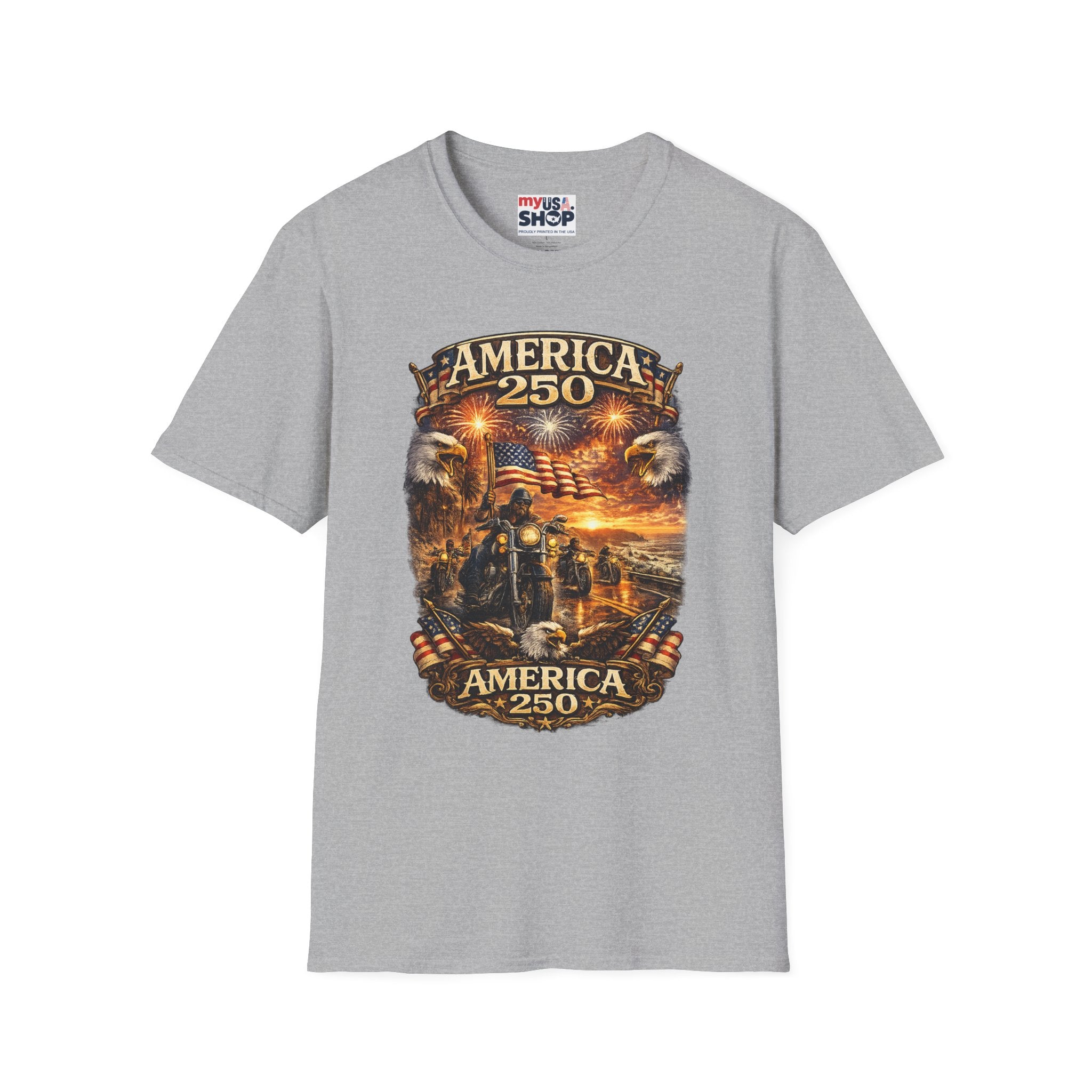 America 250 Celebration T-Shirt — Patriotic Fireworks & Bald Eagle Tee
