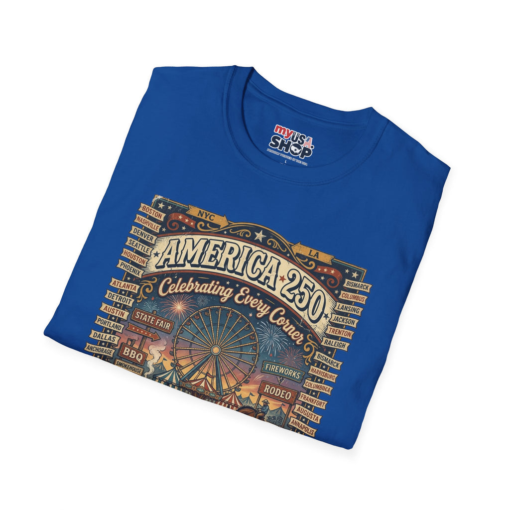 America 250 Celebration T-Shirt — Vintage Fair Ferris Wheel Patriotic Tee Pop Culture