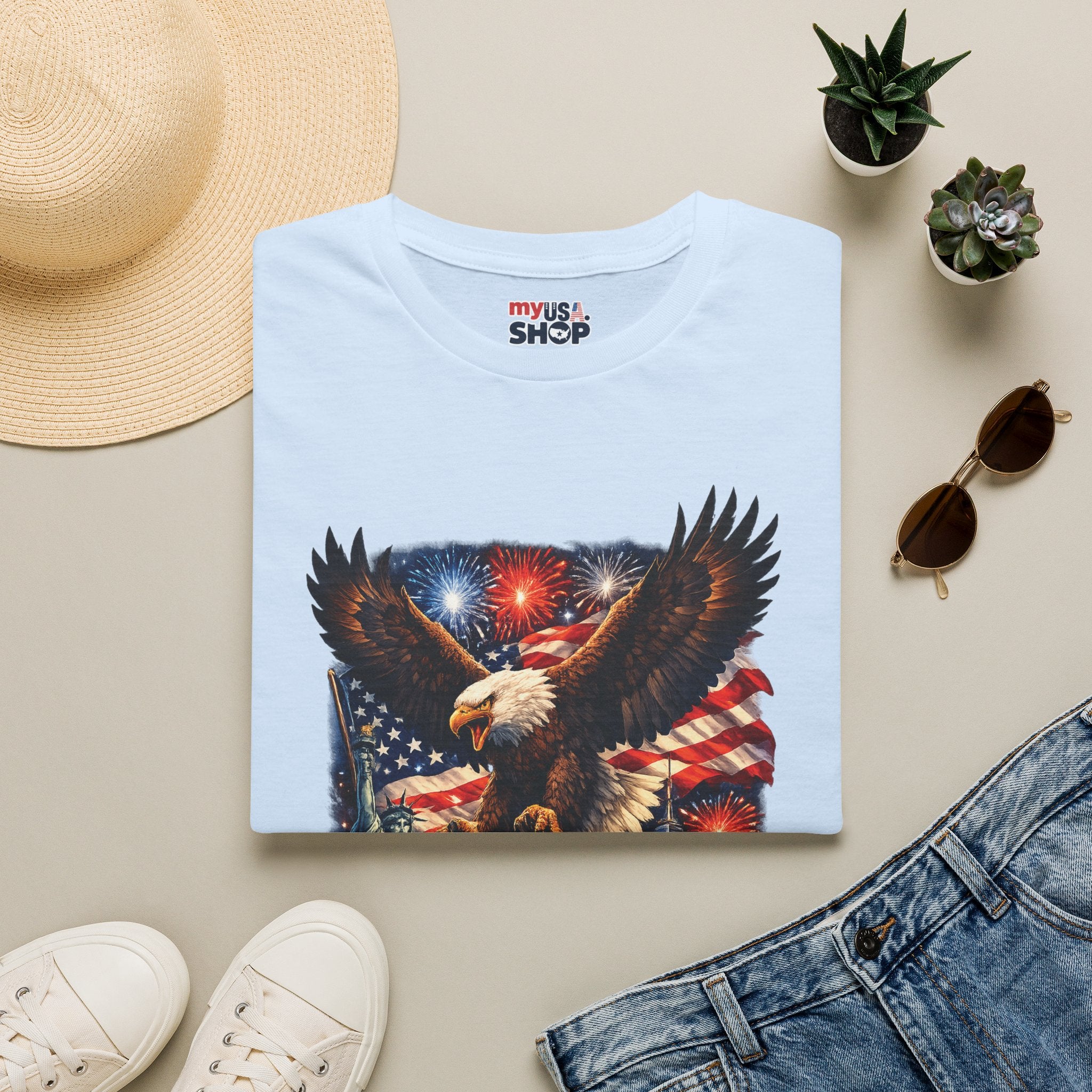 America 250 Patriotic Eagle T-Shirt — New York Fireworks Design