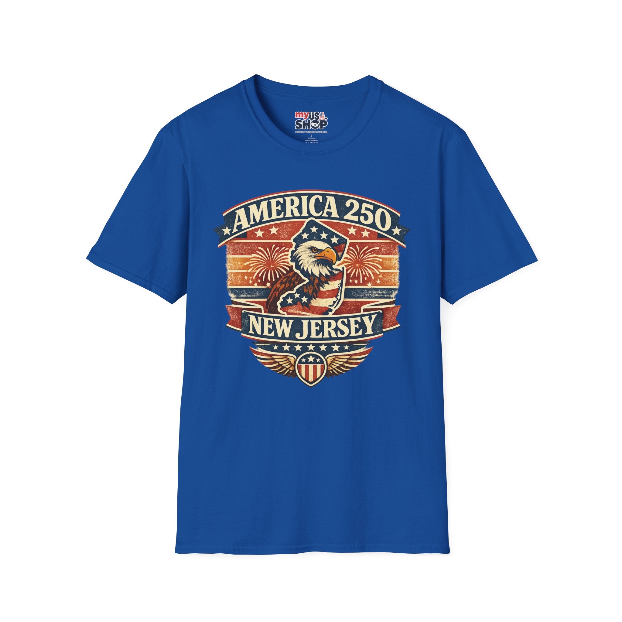 America 250 New Jersey T‑Shirt — Patriotic Bald Eagle & Fireworks Tee
