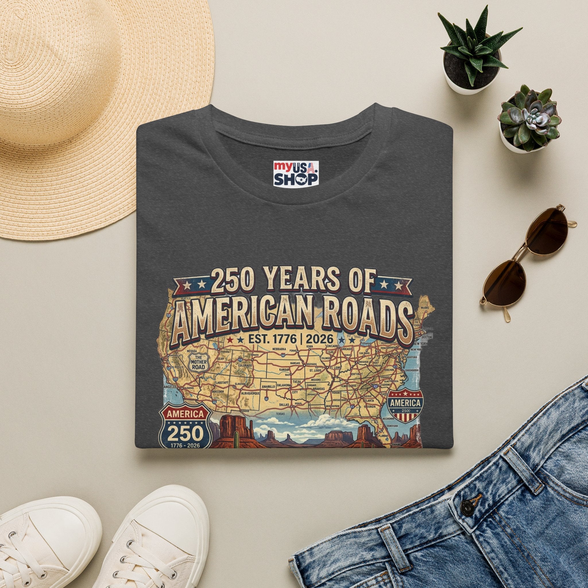 250 Years of American Roads T‑Shirt — Vintage USA Roadmap & Route 66 Travel Tee America 250 Pop Culture