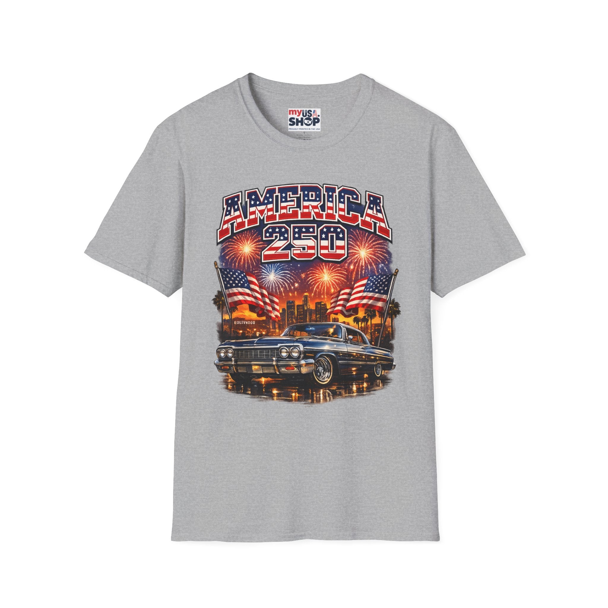 America 250 T-Shirt — Patriotic Fireworks Classic Car Tee for Independence Day