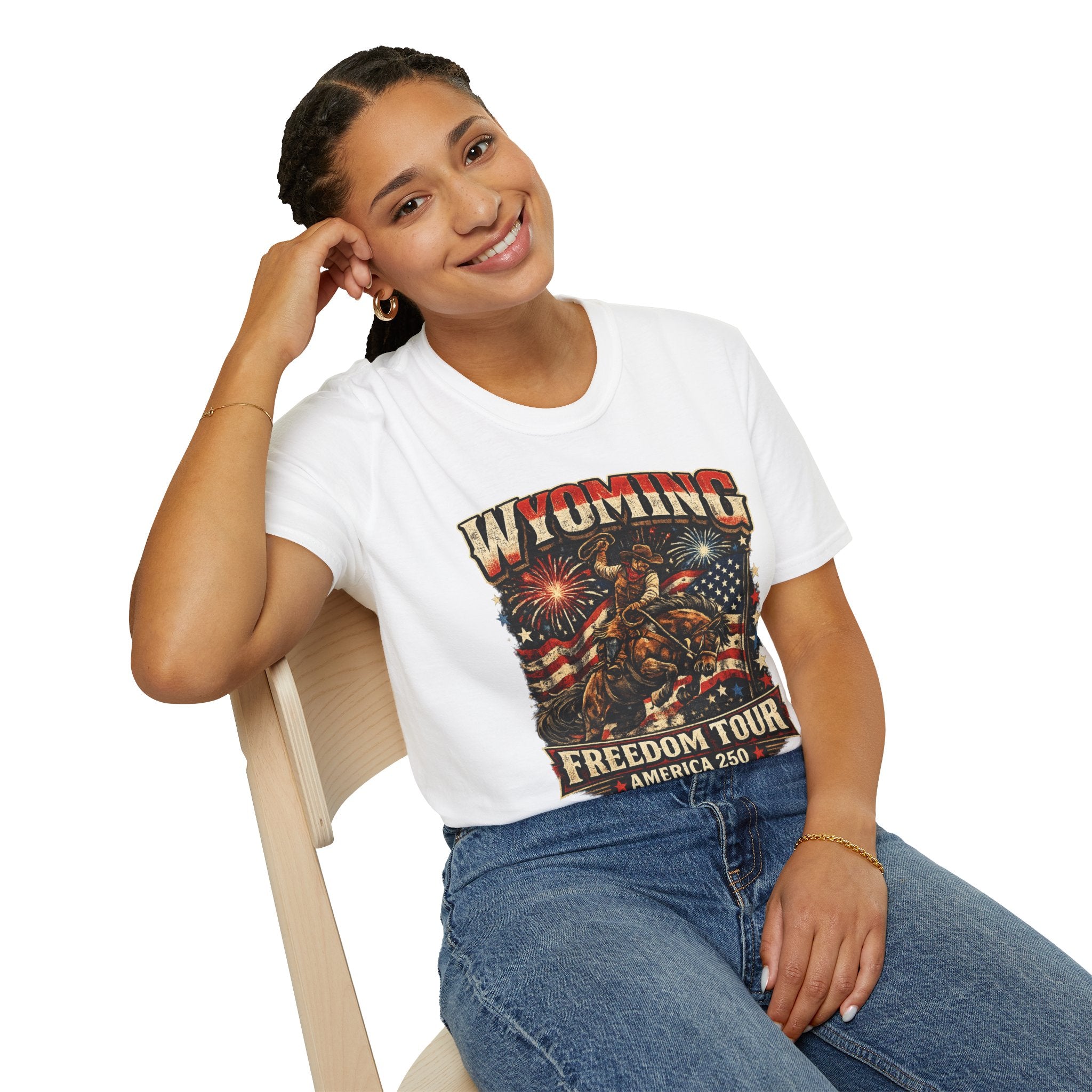 America 250 Freedom Tour T-Shirt — Wyoming Patriotic Rodeo USA Graphic Tee