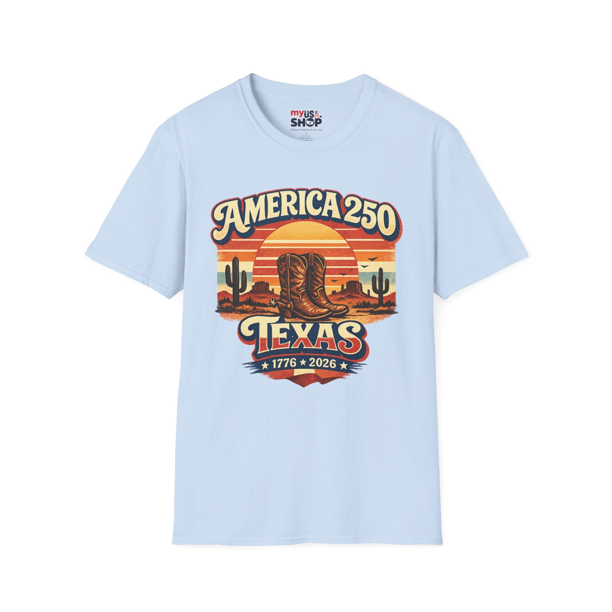 America 250 Texas T-Shirt — 1776–2026 Retro Cowboy Boots Sunset Design