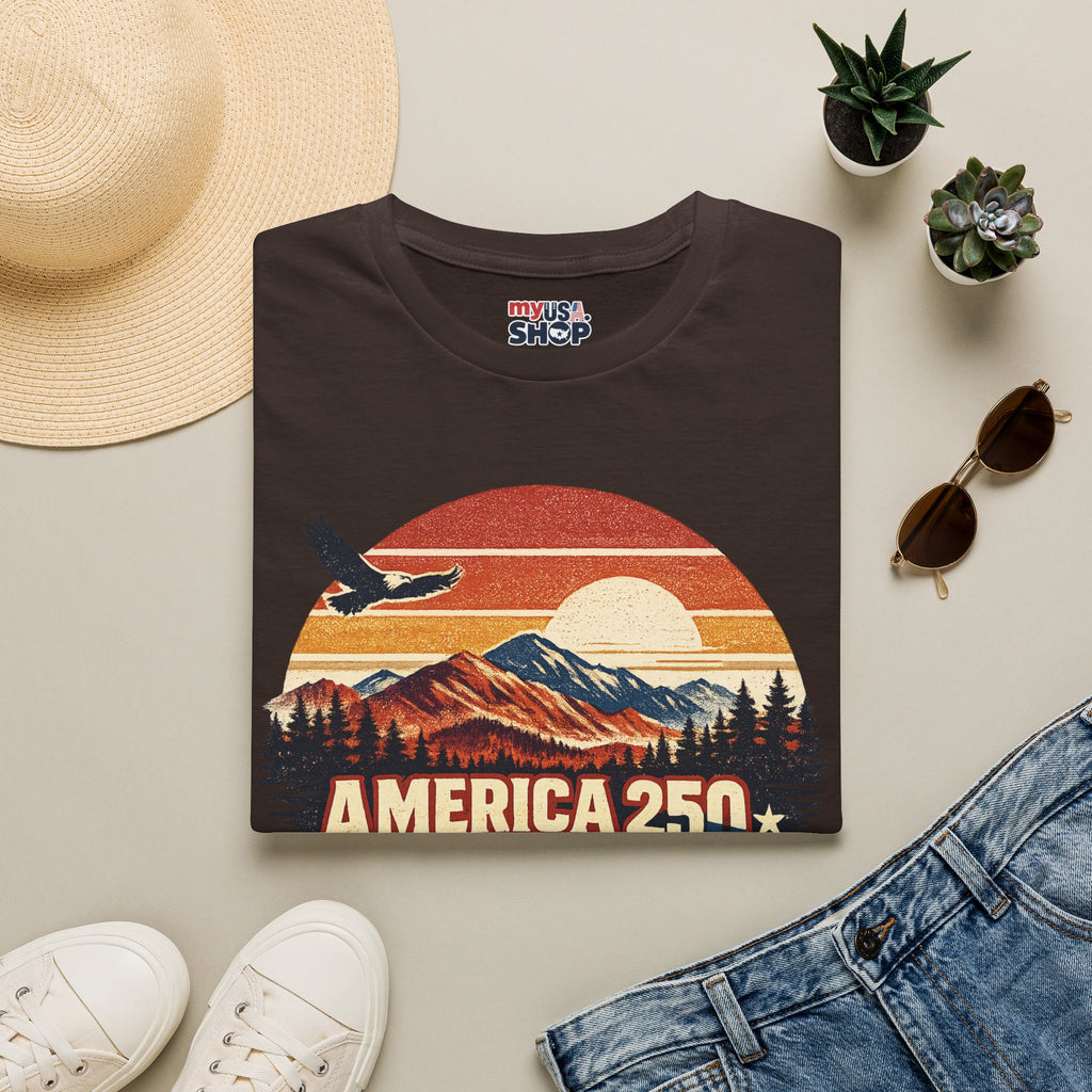 America 250 Retro Sunrise T-Shirt — West Virginia Scenic Eagle Design