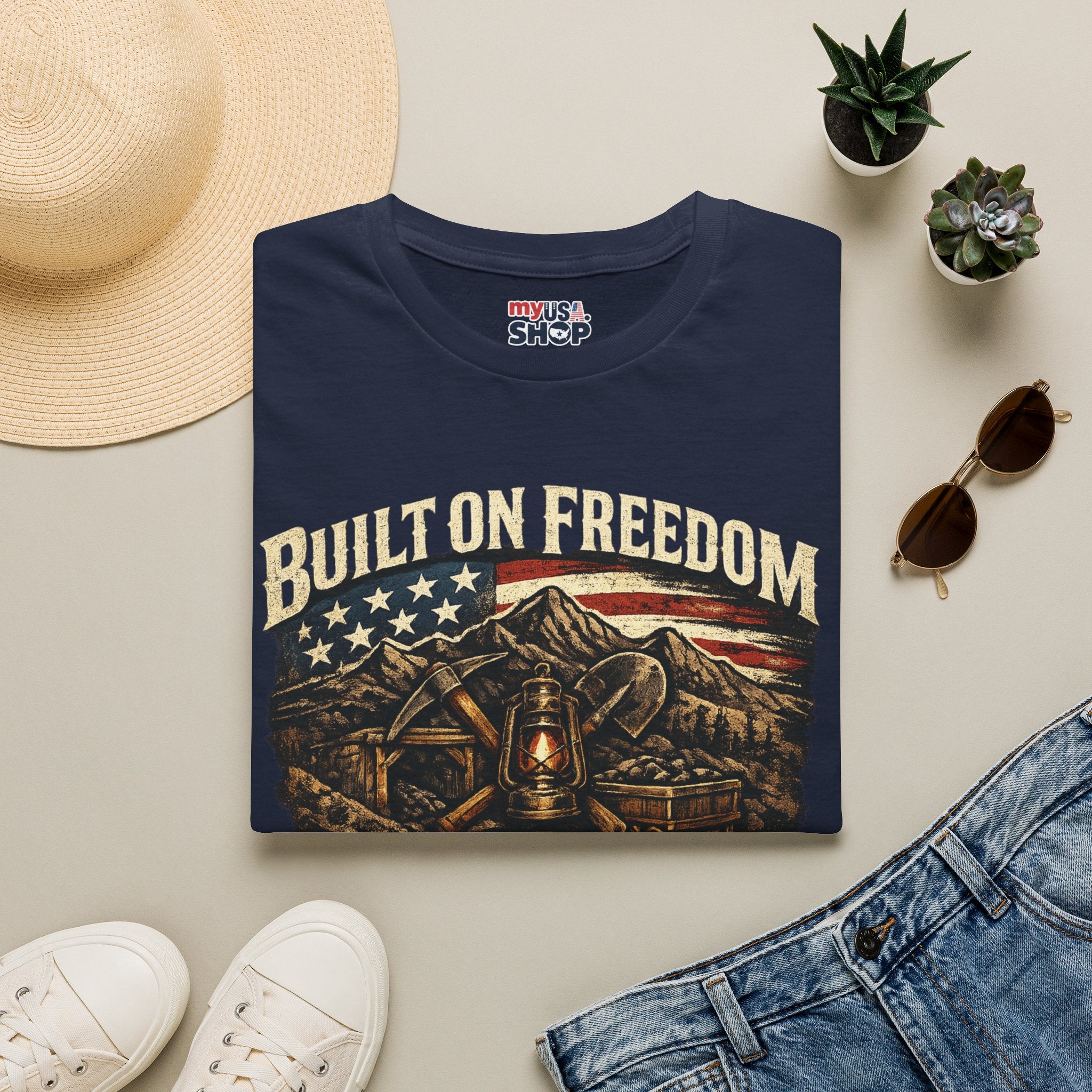 America 250 T-Shirt — Built on Freedom West Virginia Vintage Flag Mountain