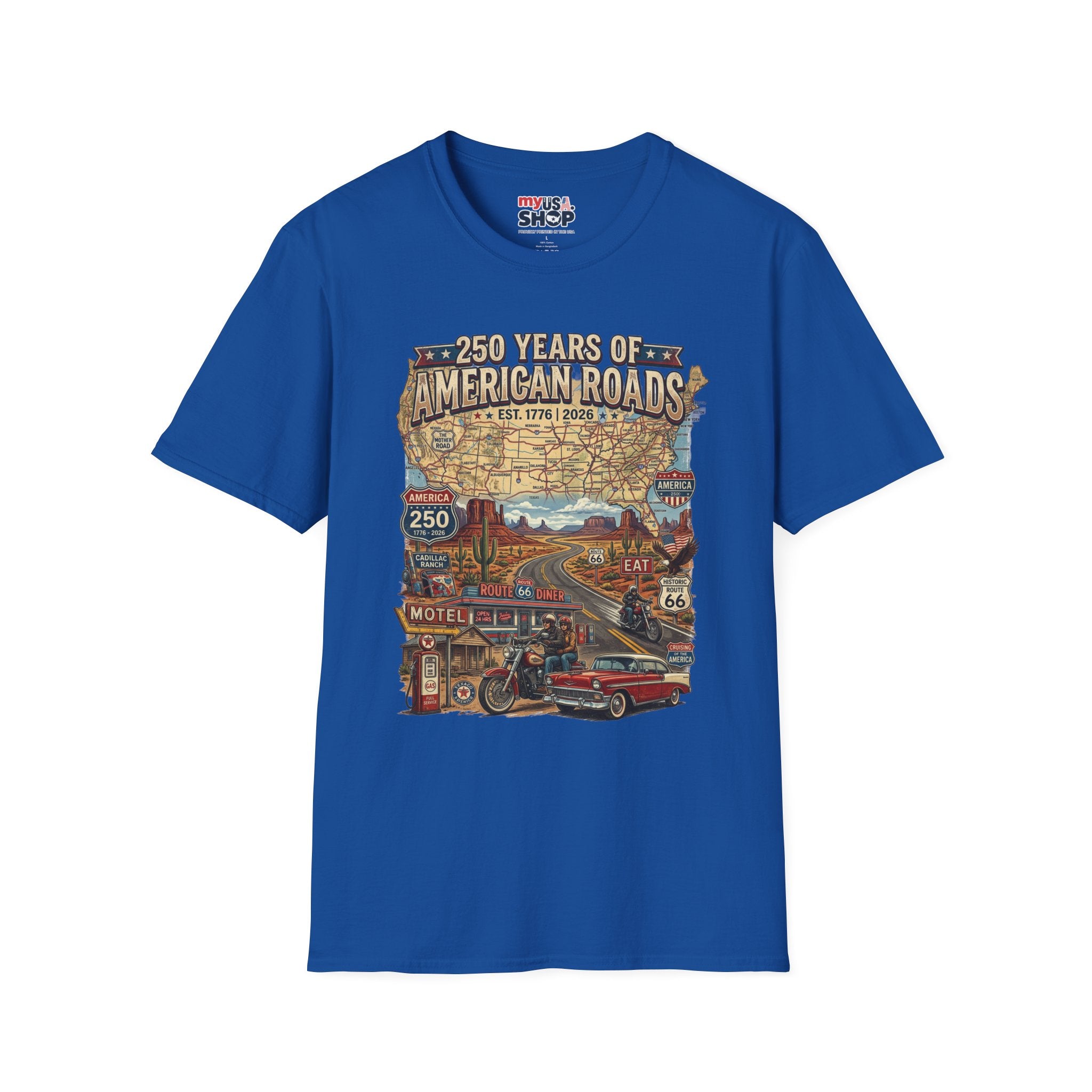 250 Years of American Roads T‑Shirt — Vintage USA Roadmap & Route 66 Travel Tee America 250 Pop Culture