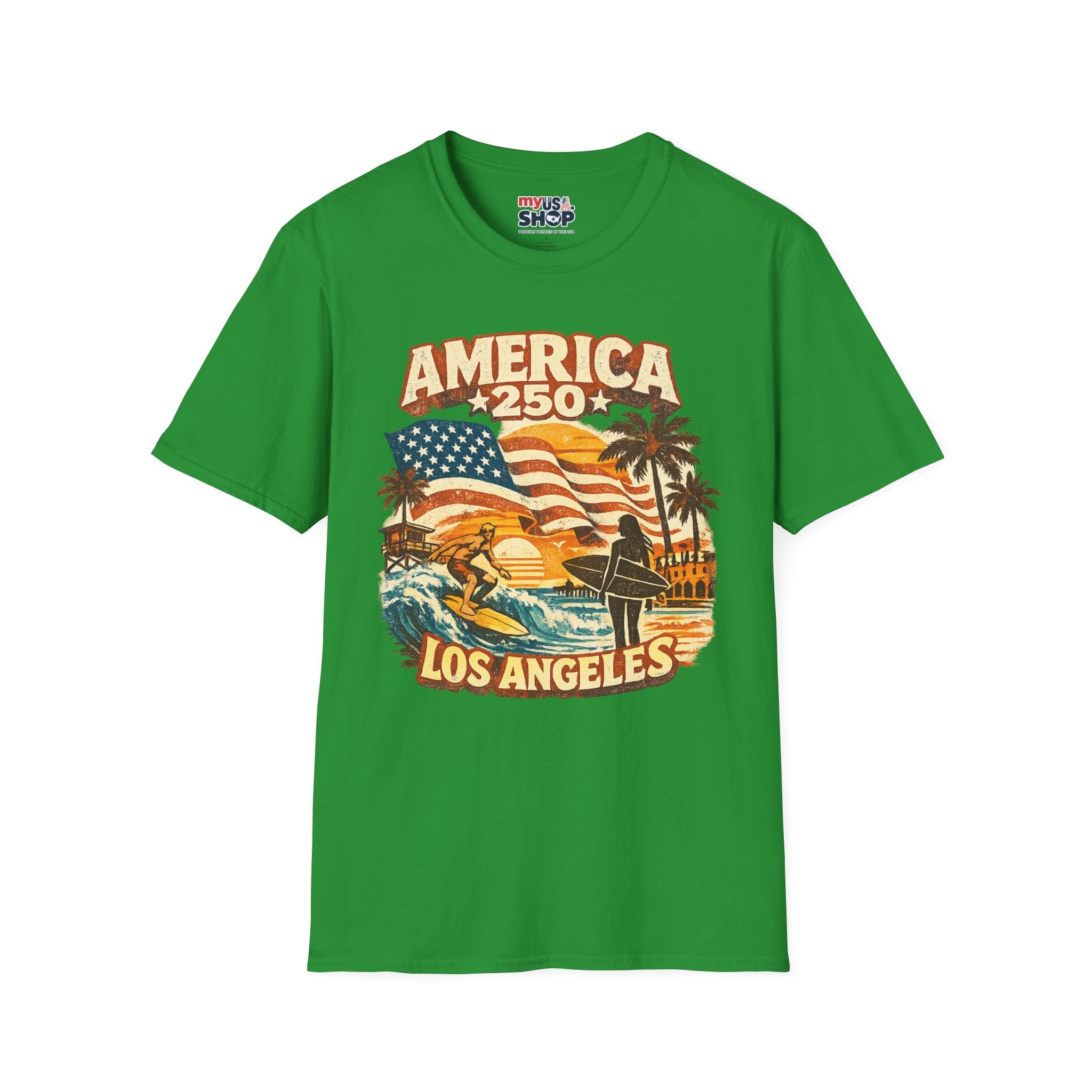 America 250 Los Angeles Surfers Beach Flag Palm Trees Sunset Retro California Tee